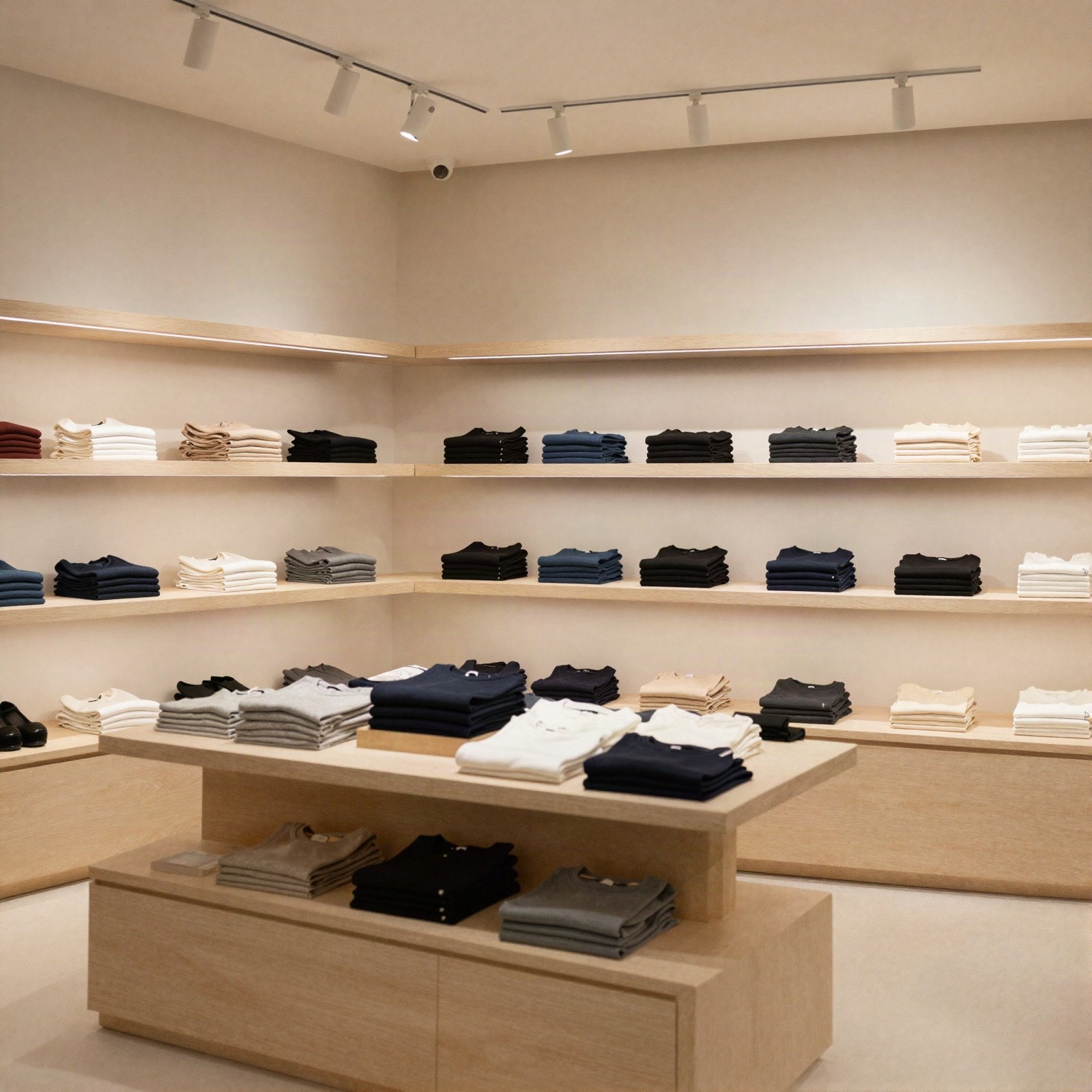 Fashion boutique with warm lighting and wooden display shelves