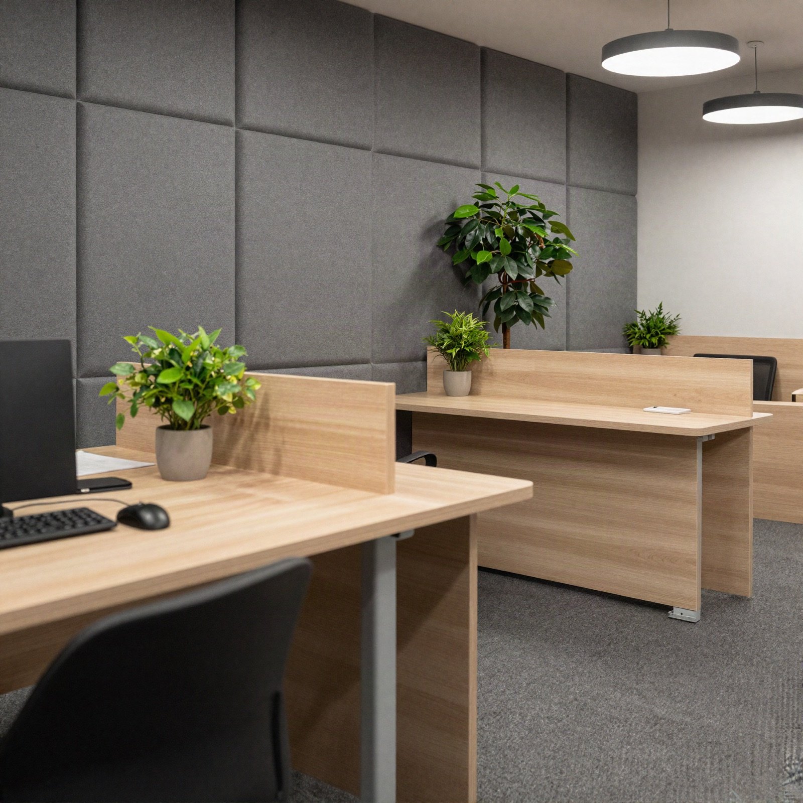 Calm office with acoustic wall panels, plants and wooden desks