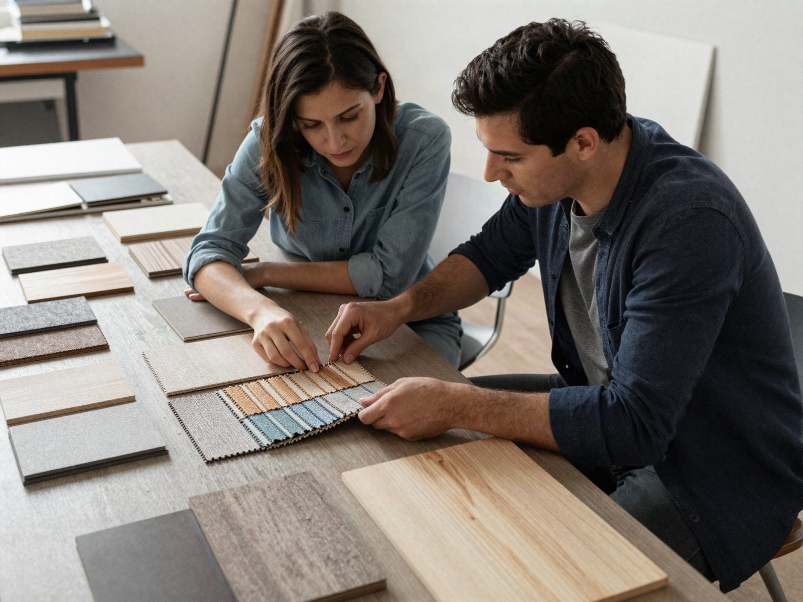Two interior architects reviewing material and fabric samples