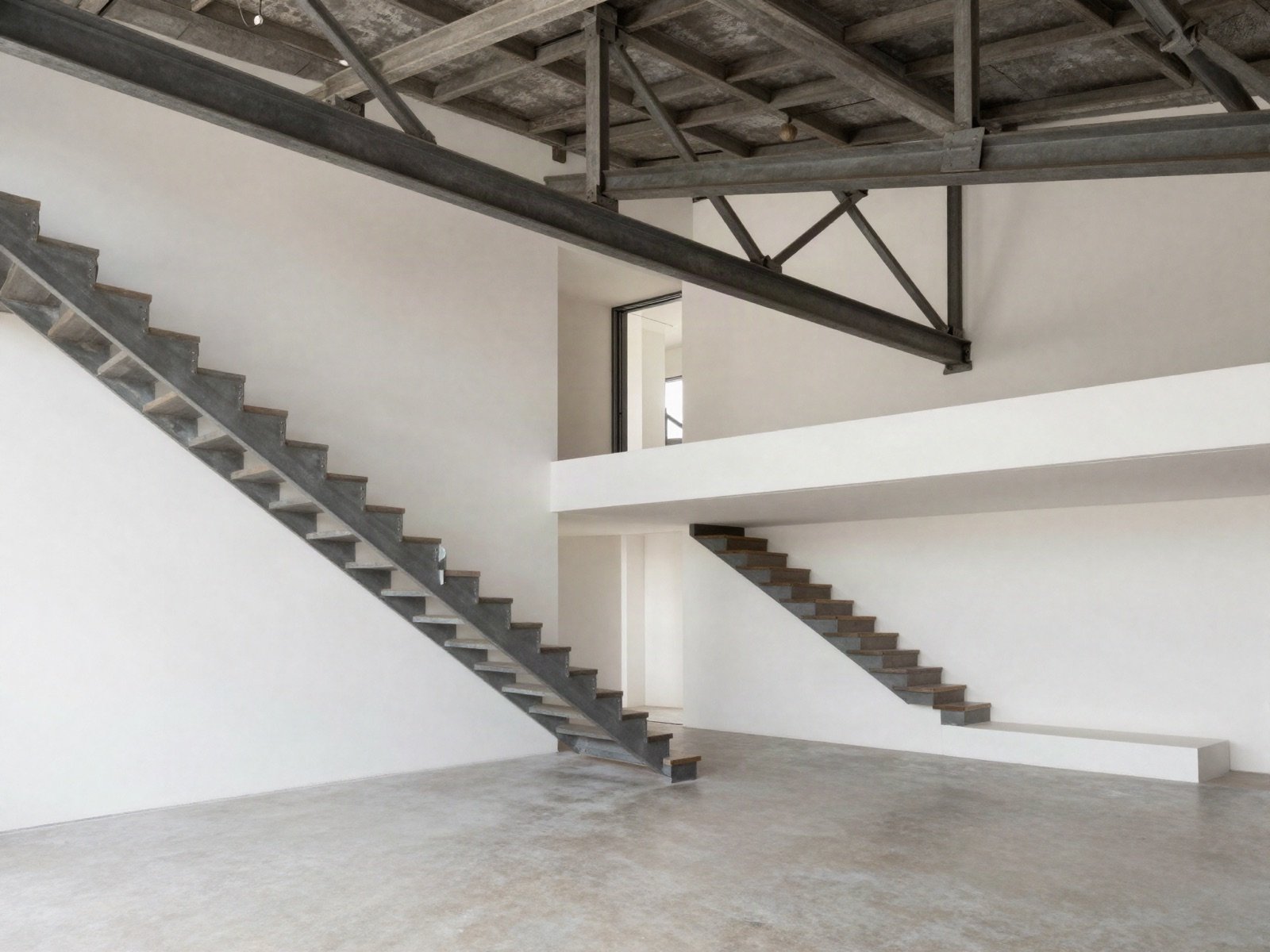 Renovated double-height space with a steel beam and floating staircase