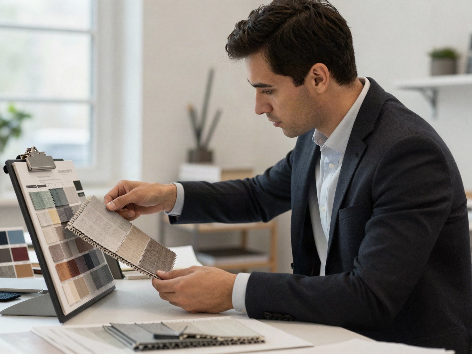 Interior designer in a dark suit jacket comparing fabric swatches at a studio desk