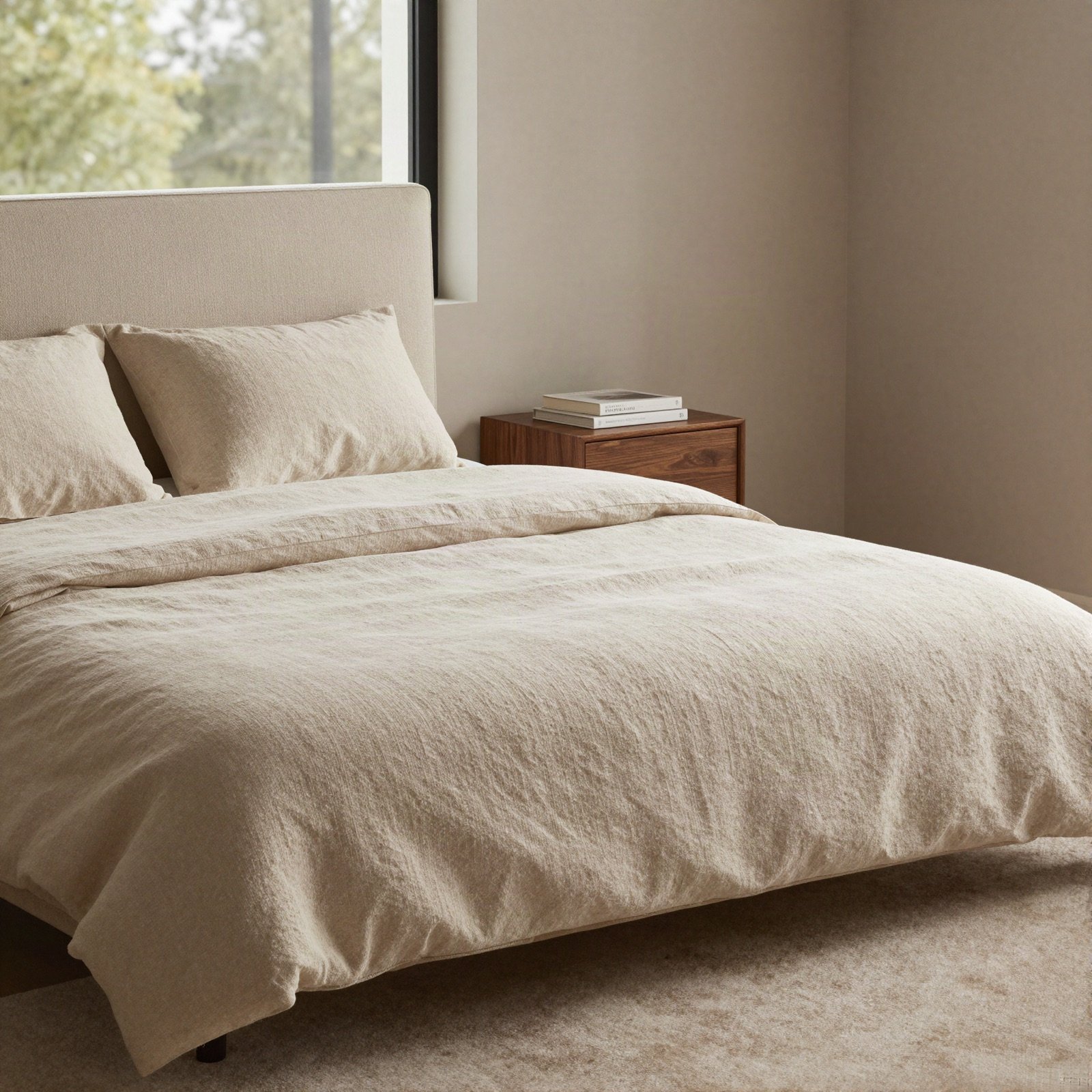 Calm bedroom with linen bedding in warm neutral tones and a wooden nightstand