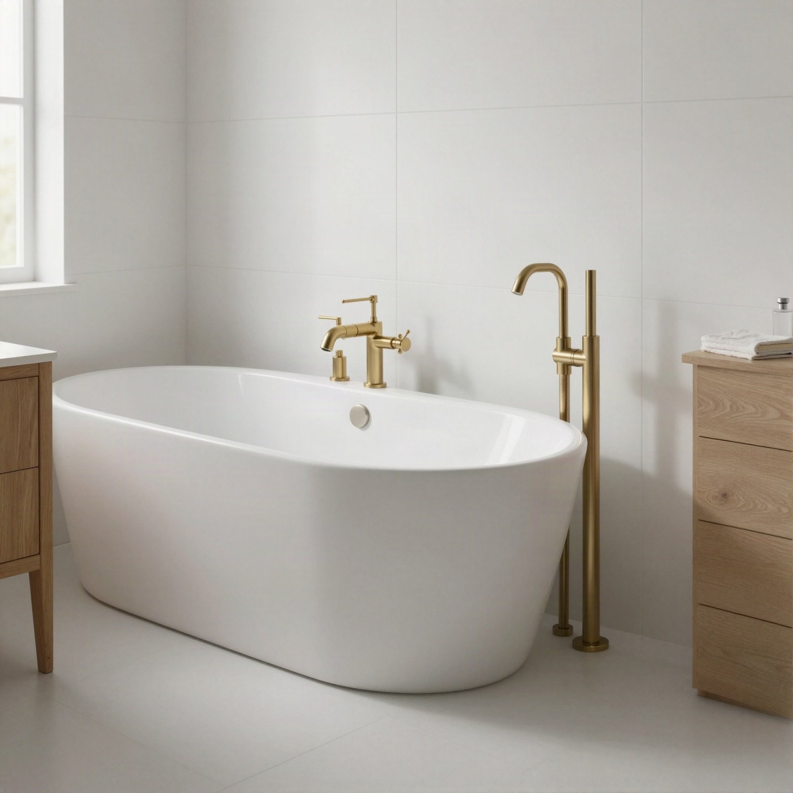 Bright white bathroom with a freestanding tub and brass fixtures