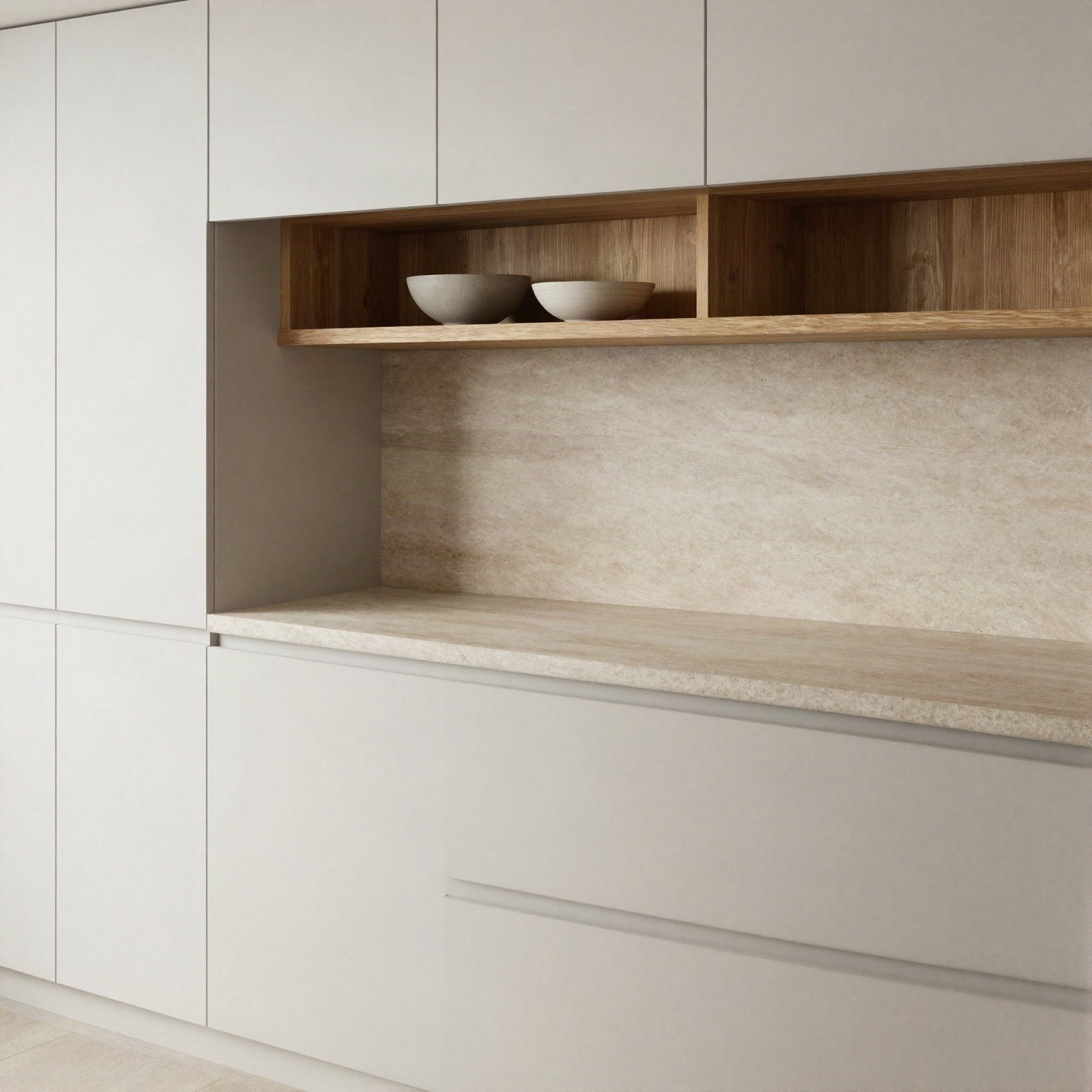 Kitchen with white cupboards, stone counter and open oak shelves