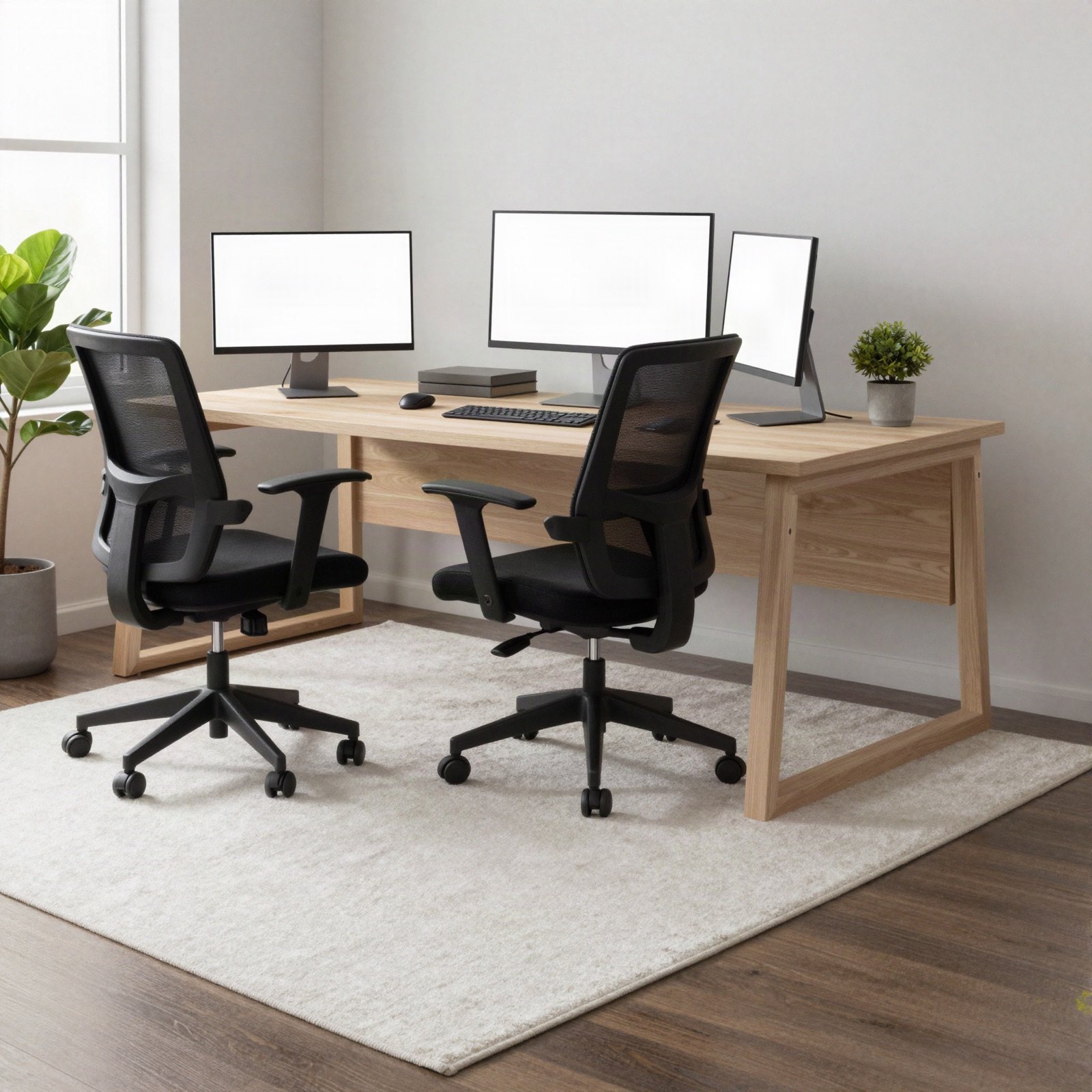 Home office with a light wooden desk and two chairs on a white rug