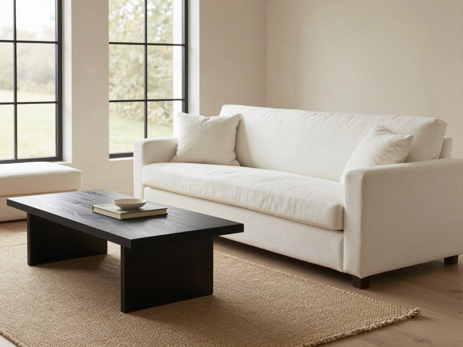Living room with a white sofa and a black wooden coffee table