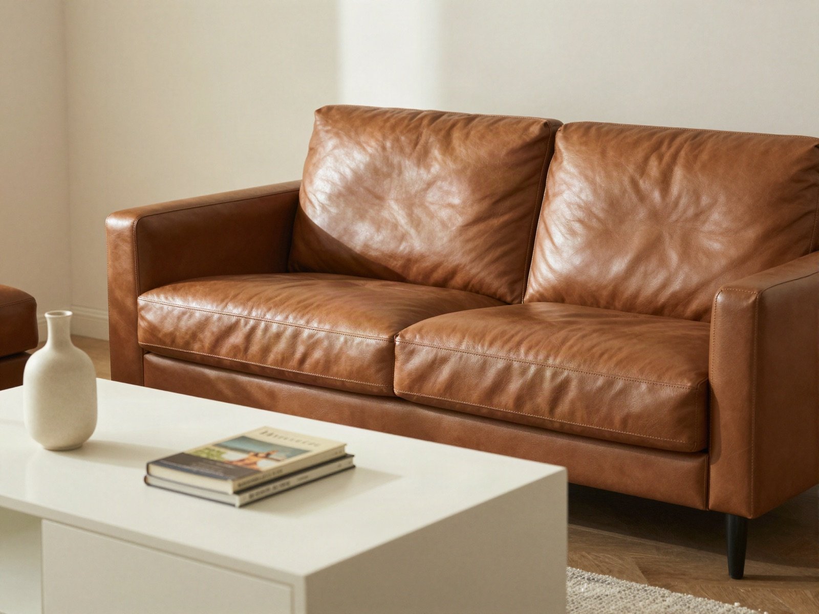 Brown leather sofa beside a white rectangular coffee table