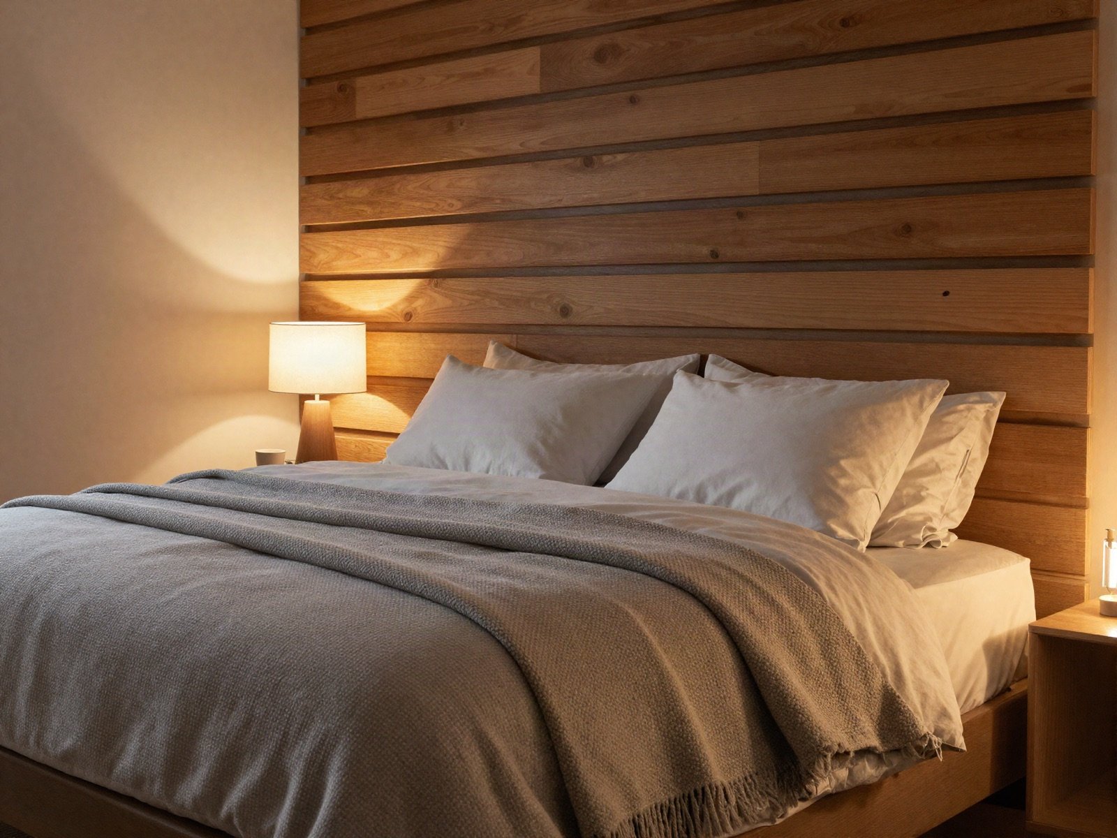 Cosy bedroom with a wood slat wall and warm bedside lamps