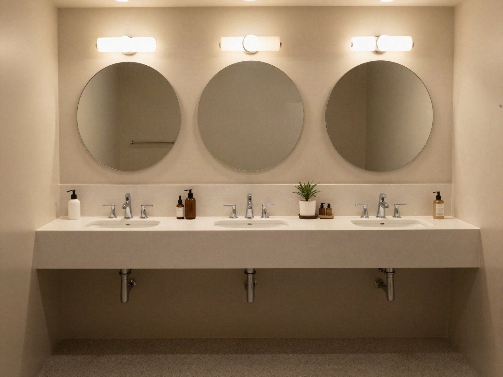 Round mirrors above a long vanity with warm wall lights