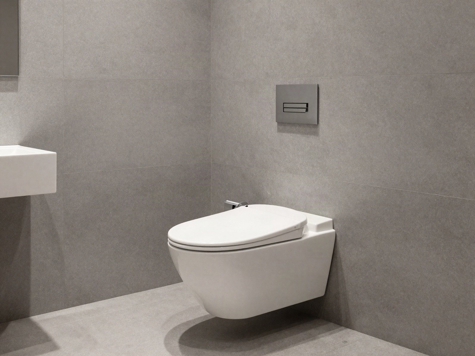Minimal powder room with a wall-hung toilet and grey stone tiles