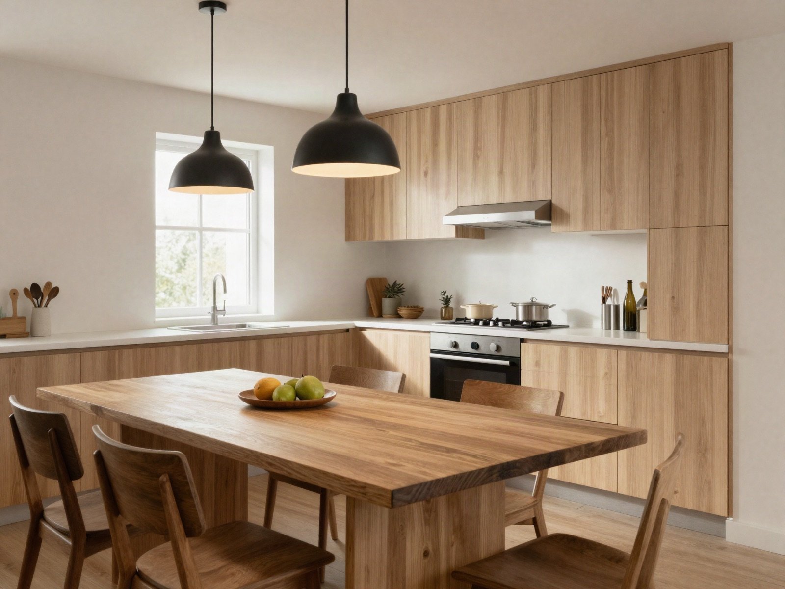 Open kitchen and dining area with a wooden table and pendant lights