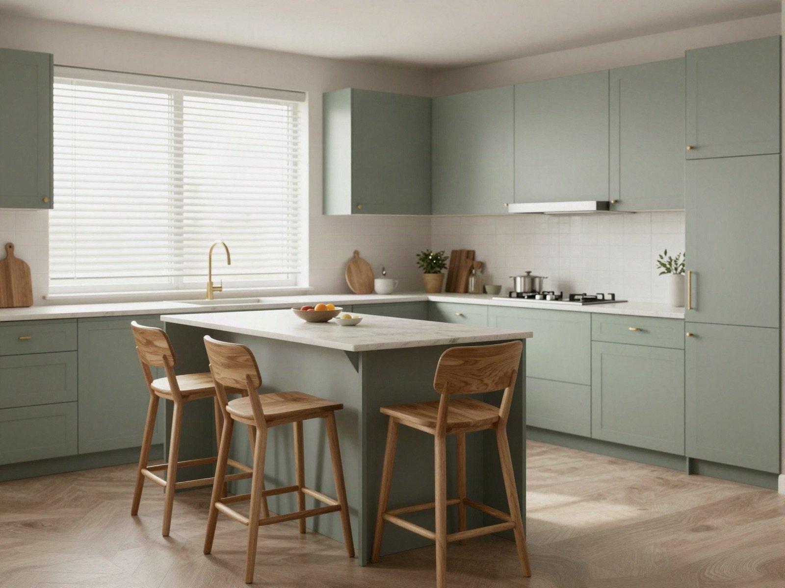 Sage green kitchen with an island and wooden bar stools