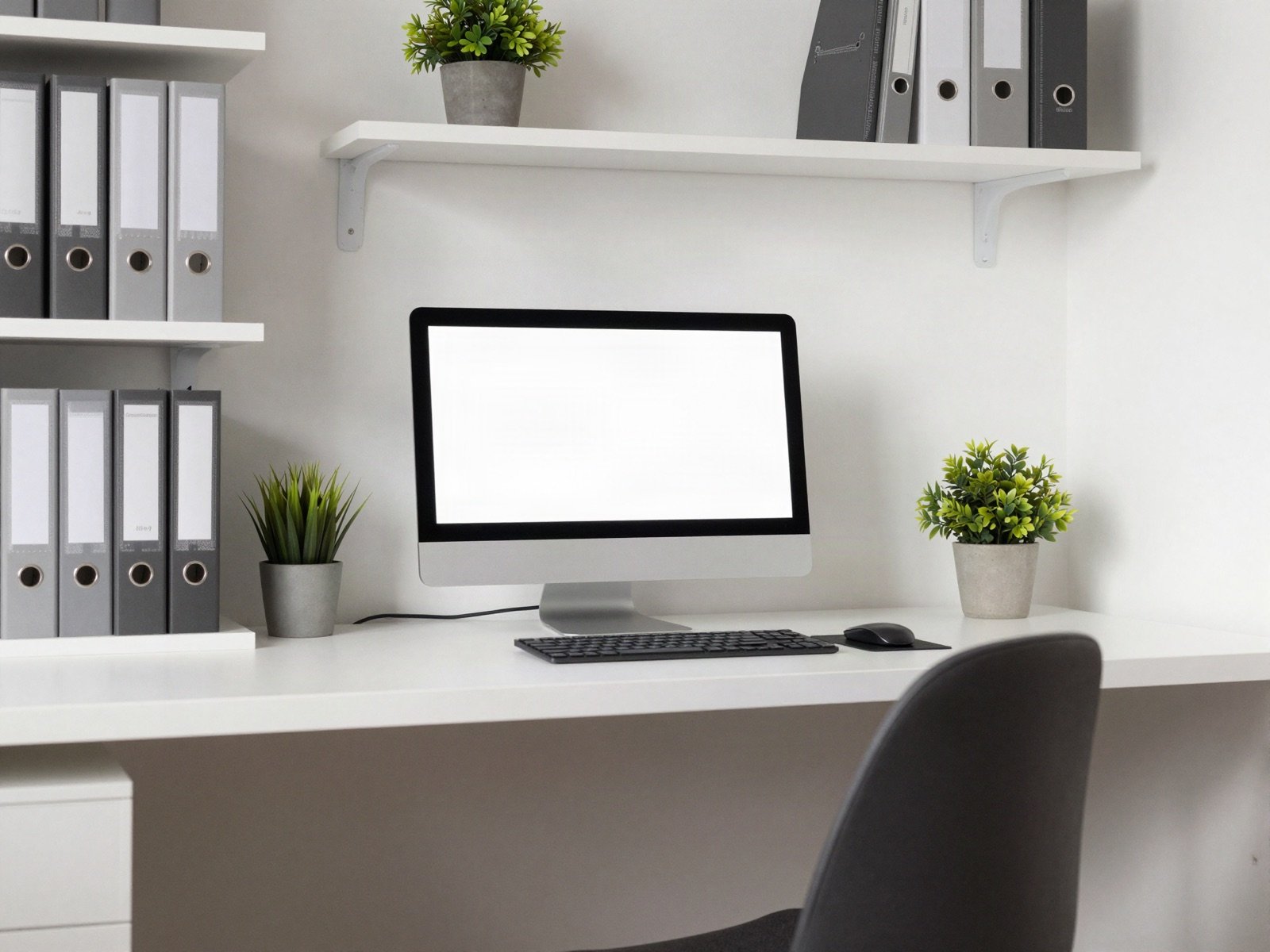 Clean white desk with a computer and shelves of binders