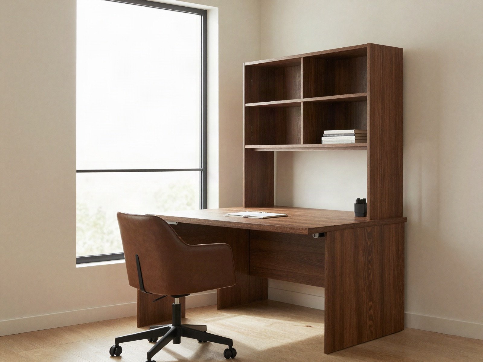 Walnut desk with a rolling chair and built-in shelves by a window