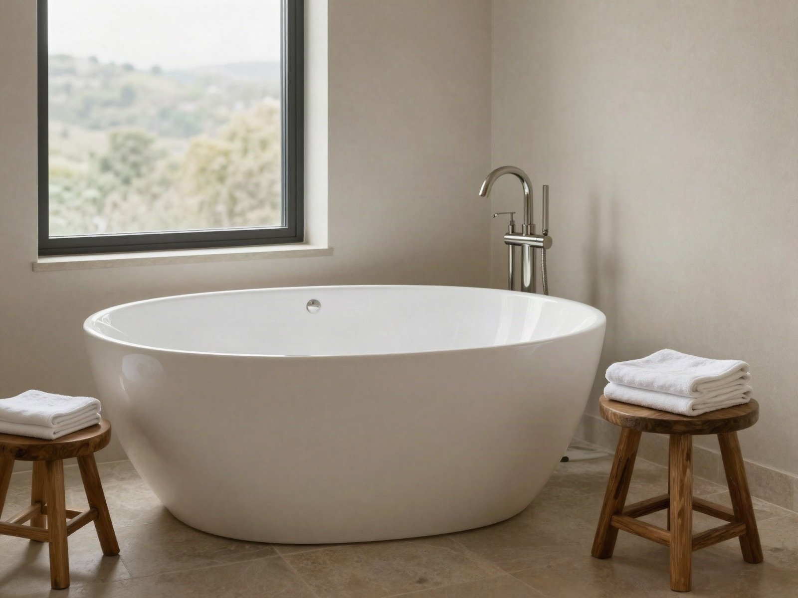 Spa-like bathroom with a freestanding tub beside a window