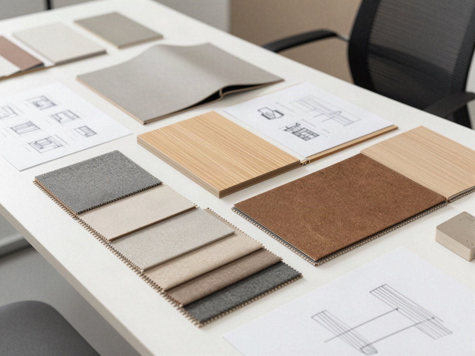 Material samples, fabric swatches and sketches laid out on a studio table