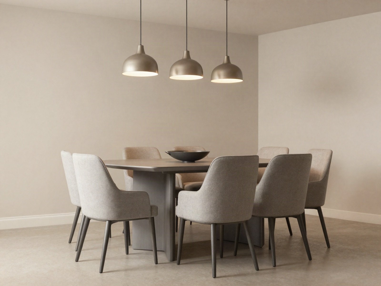 Grey dining table with upholstered chairs under three pendant lamps
