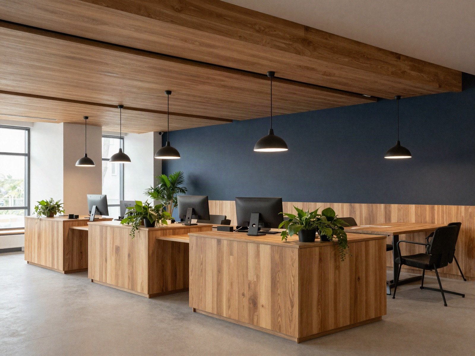 Office interior with oak desks, a navy wall and black pendant lamps