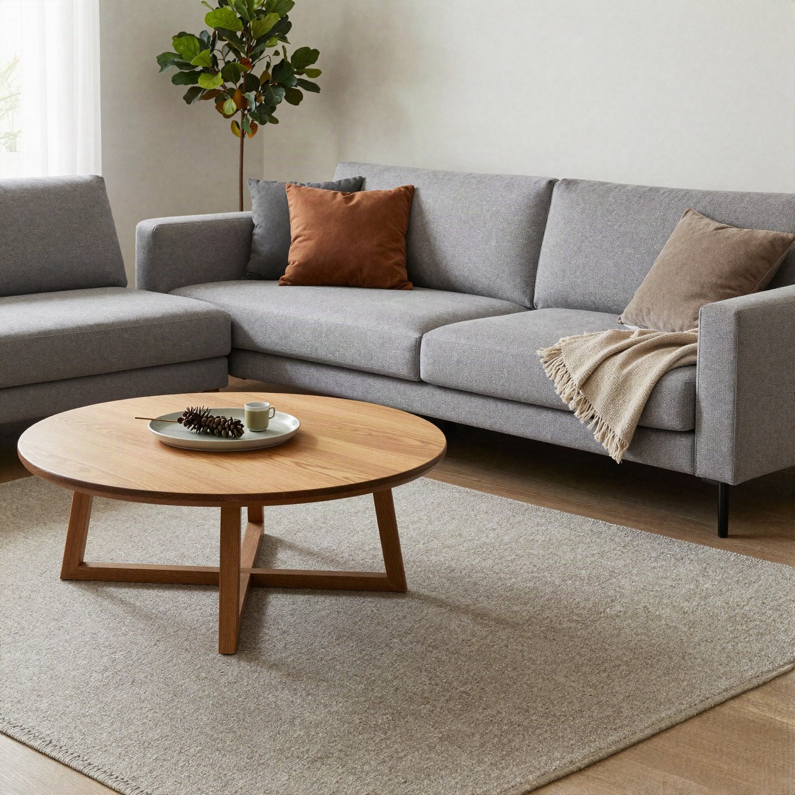 A grey sectional sofa with a round wooden coffee table