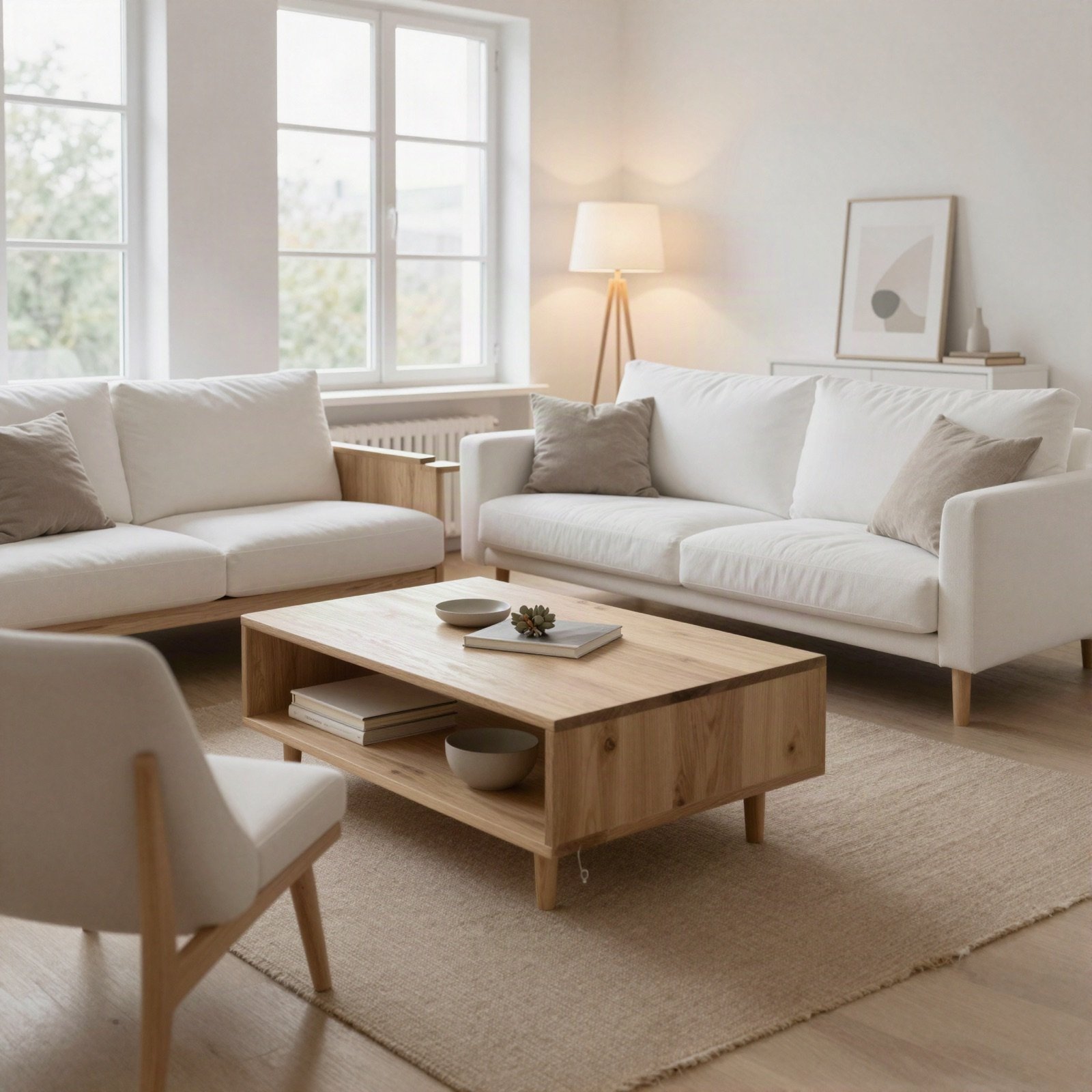 A Scandinavian living room with white sofas and light wood