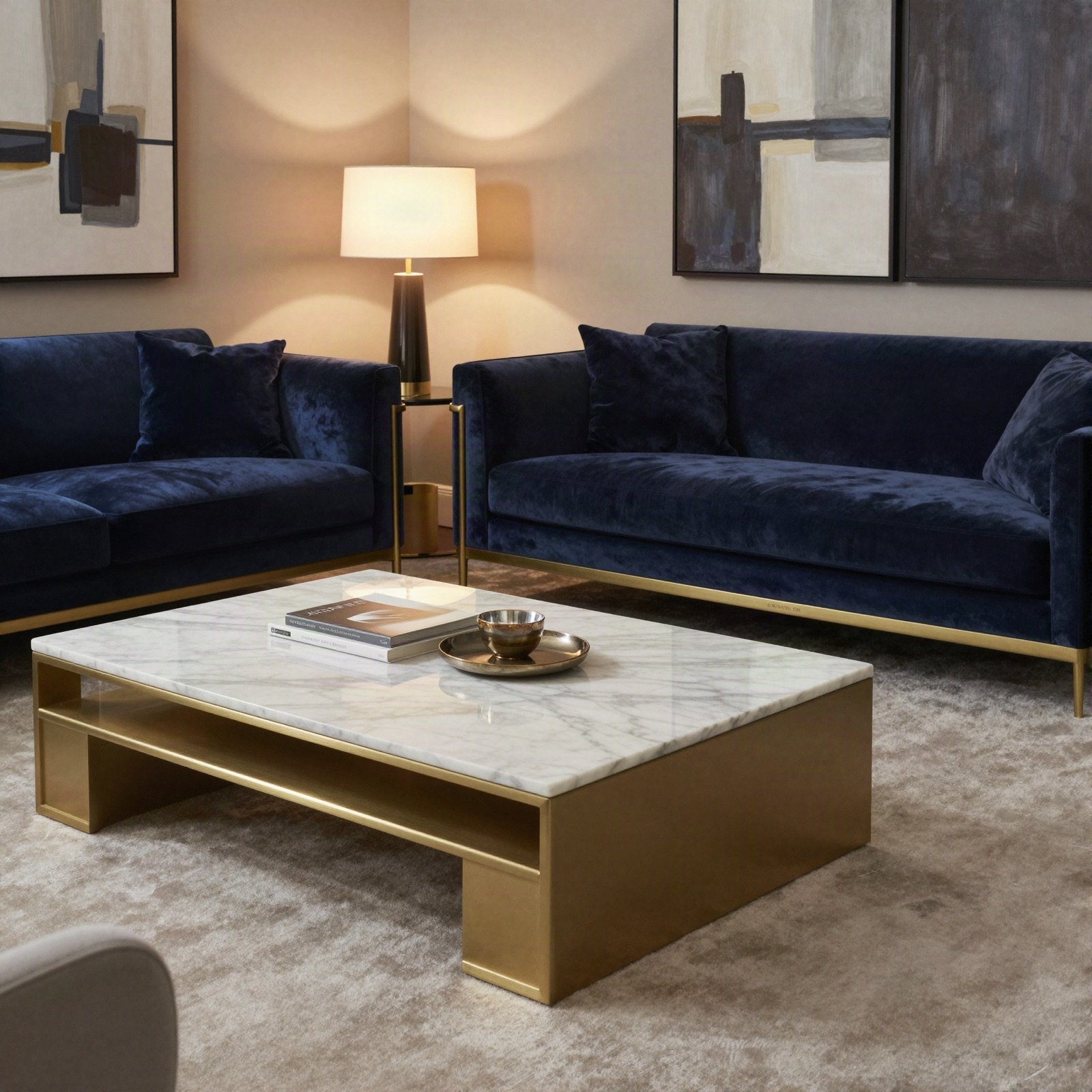 A navy velvet living room with a marble and brass coffee table