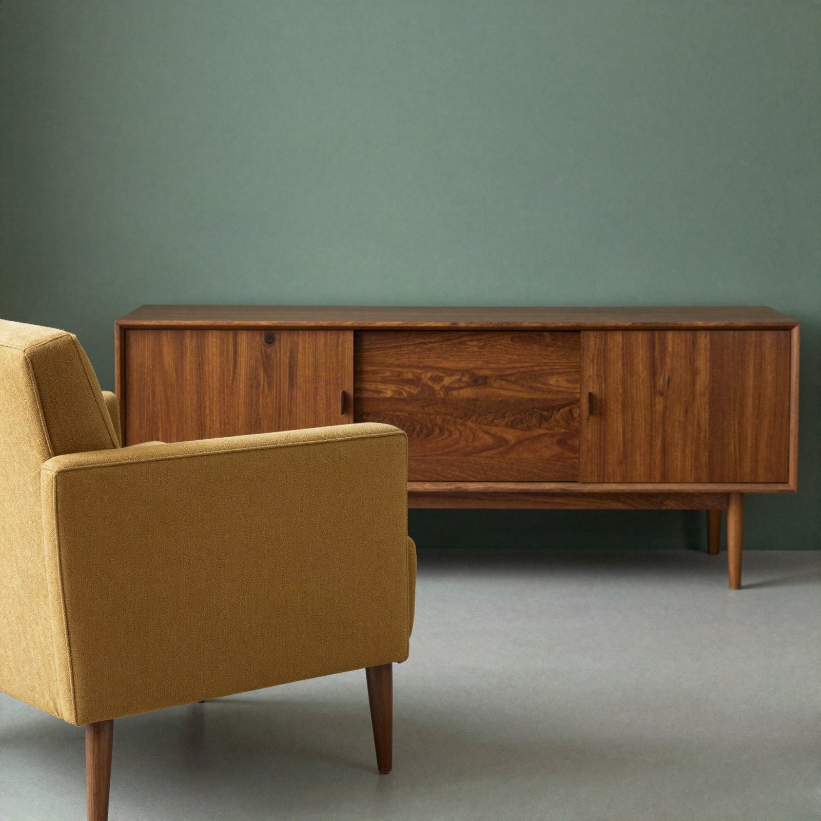 A mustard armchair and walnut sideboard against a green wall