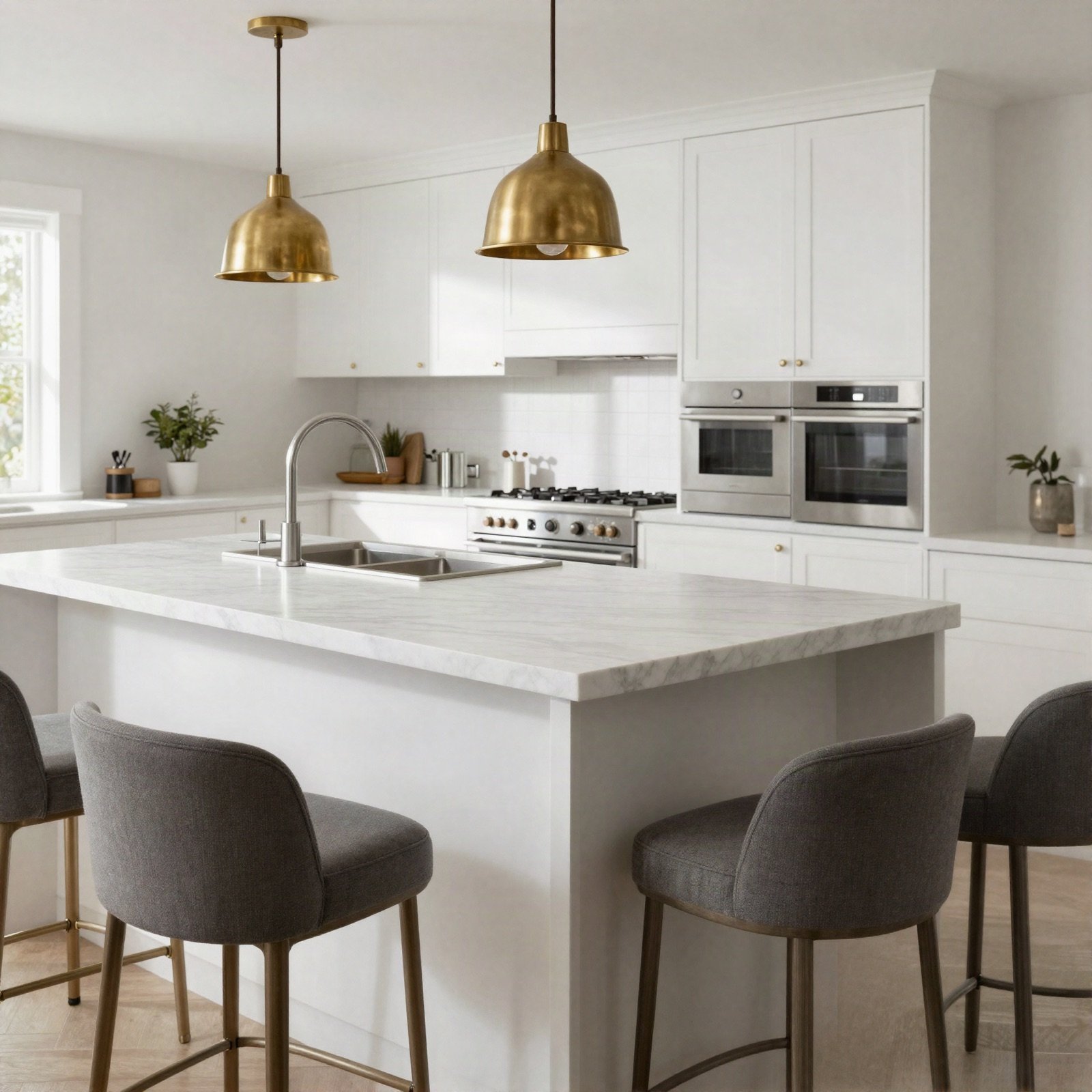 A white kitchen with a marble island and brass pendants