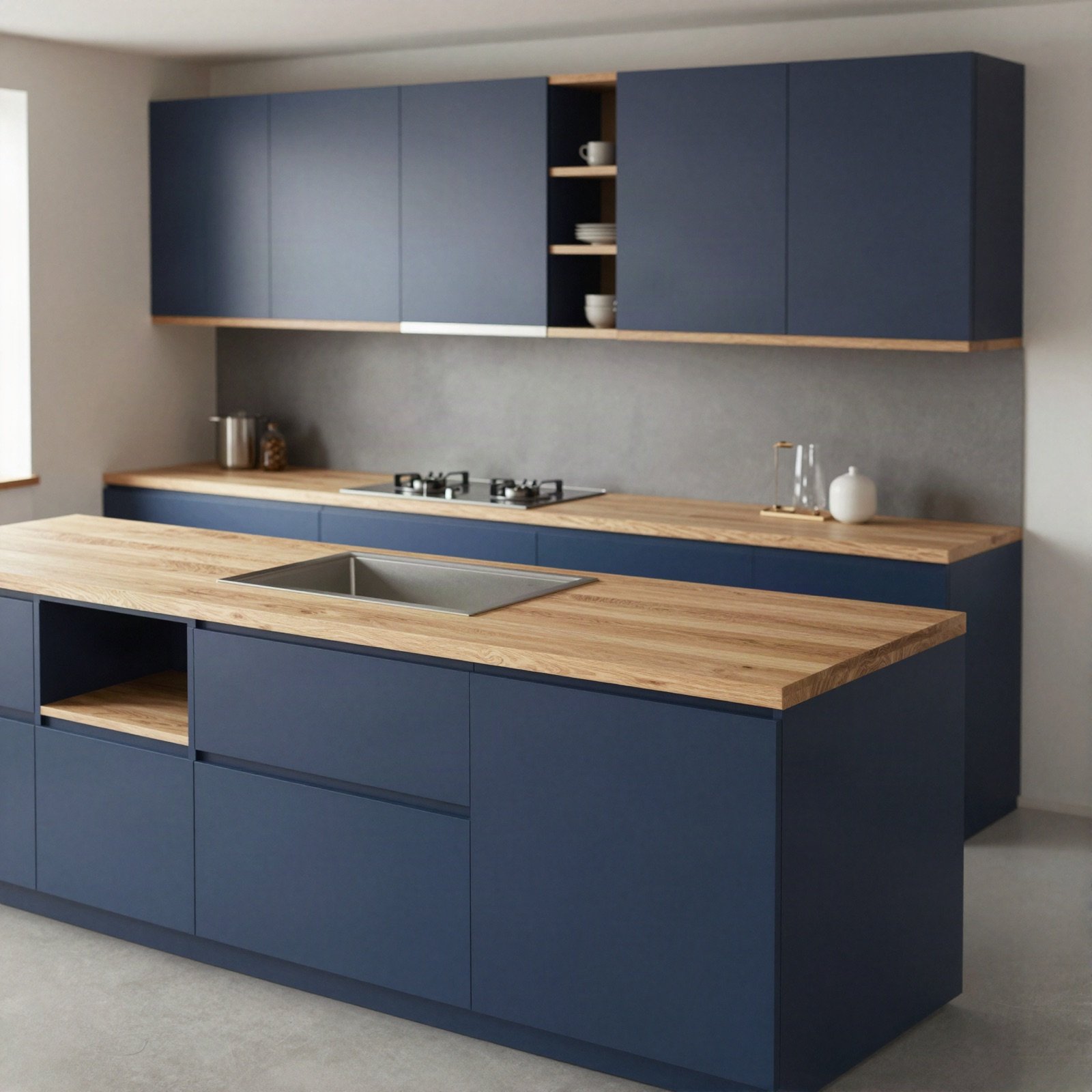 A navy kitchen with oak worktops