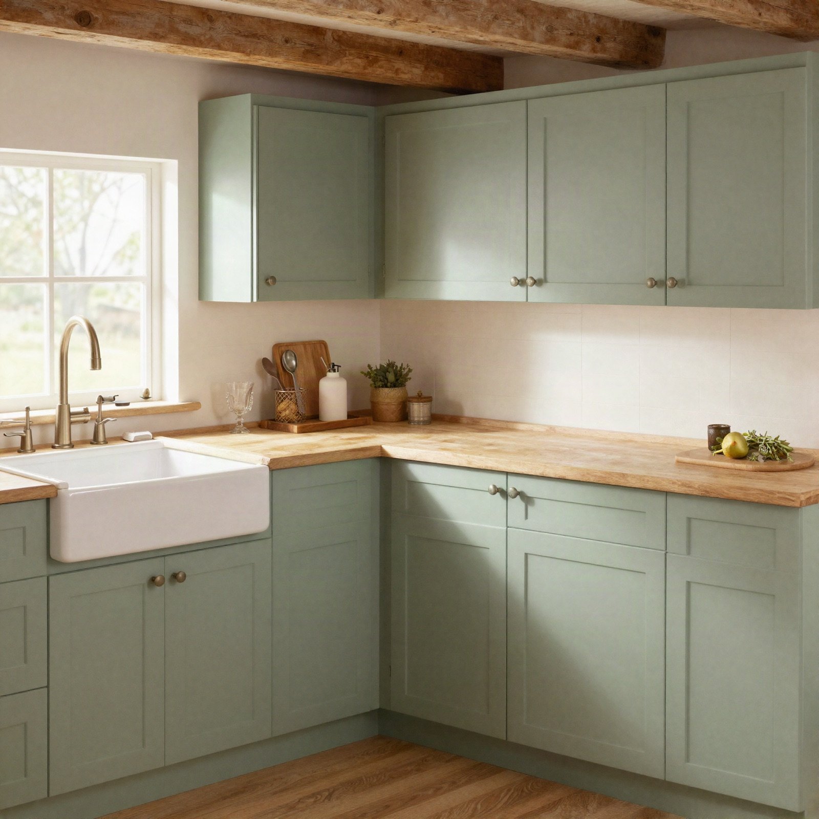 A sage green farmhouse kitchen with wooden beams