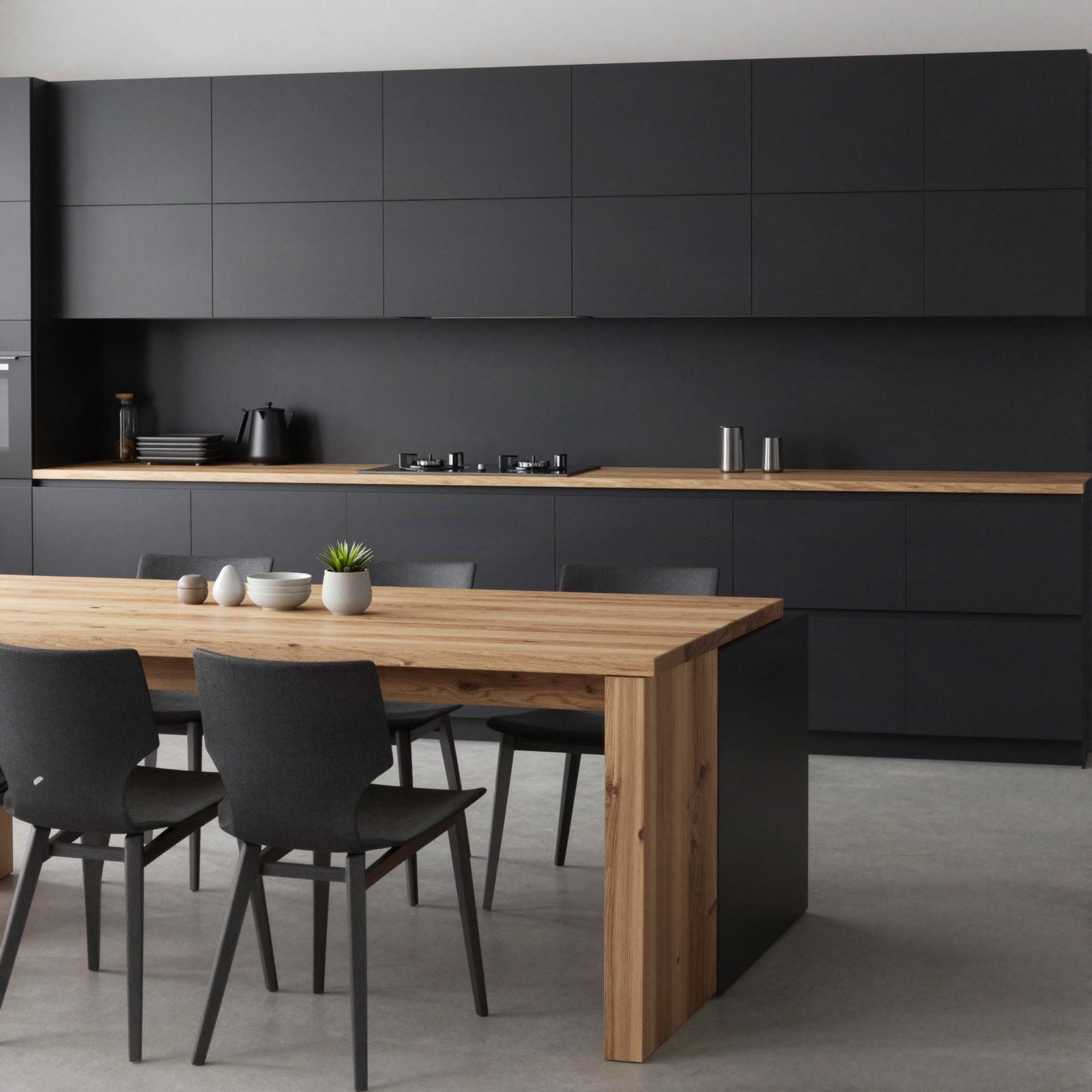A black handleless kitchen with a wooden dining island