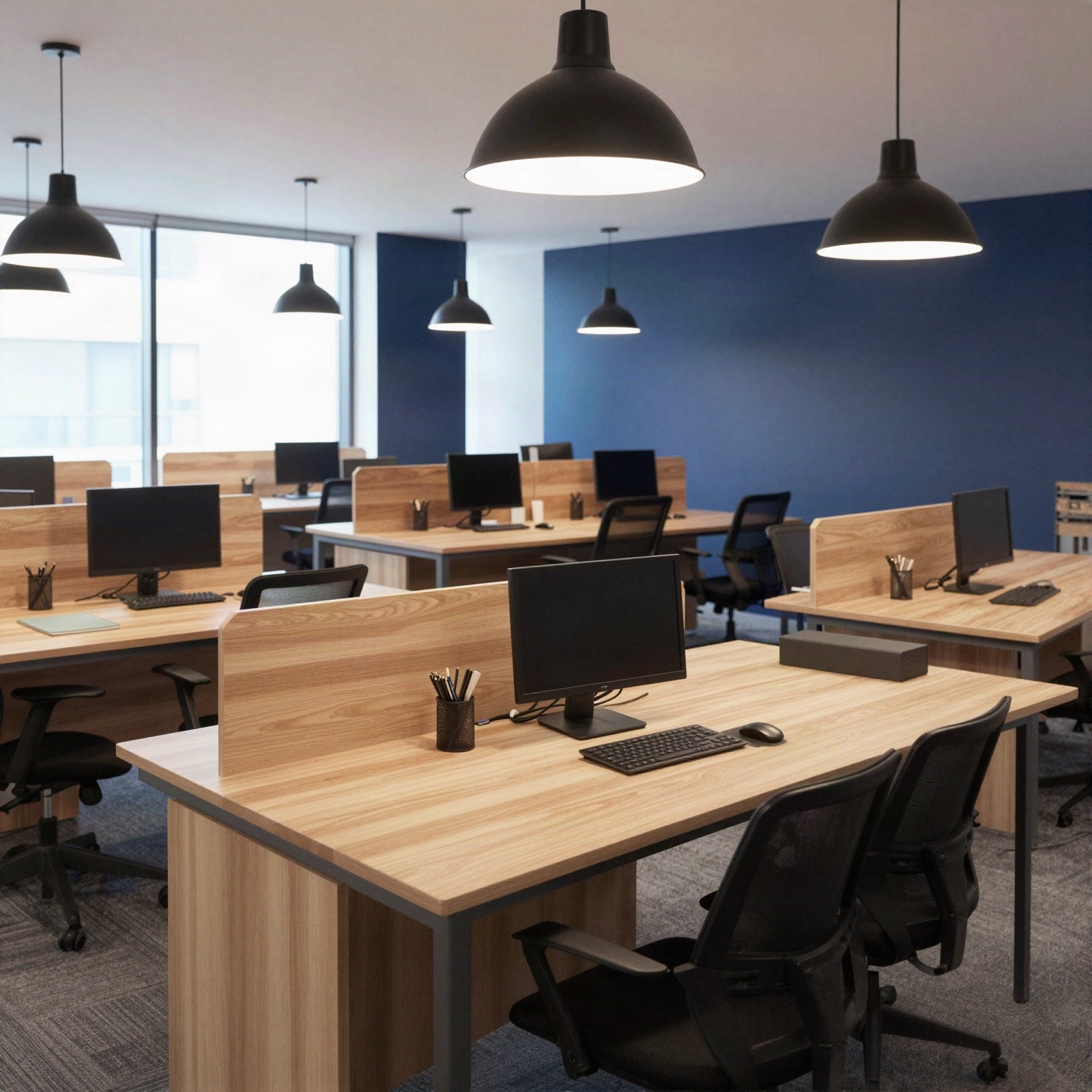 An open-plan office with oak desks and black pendant lamps