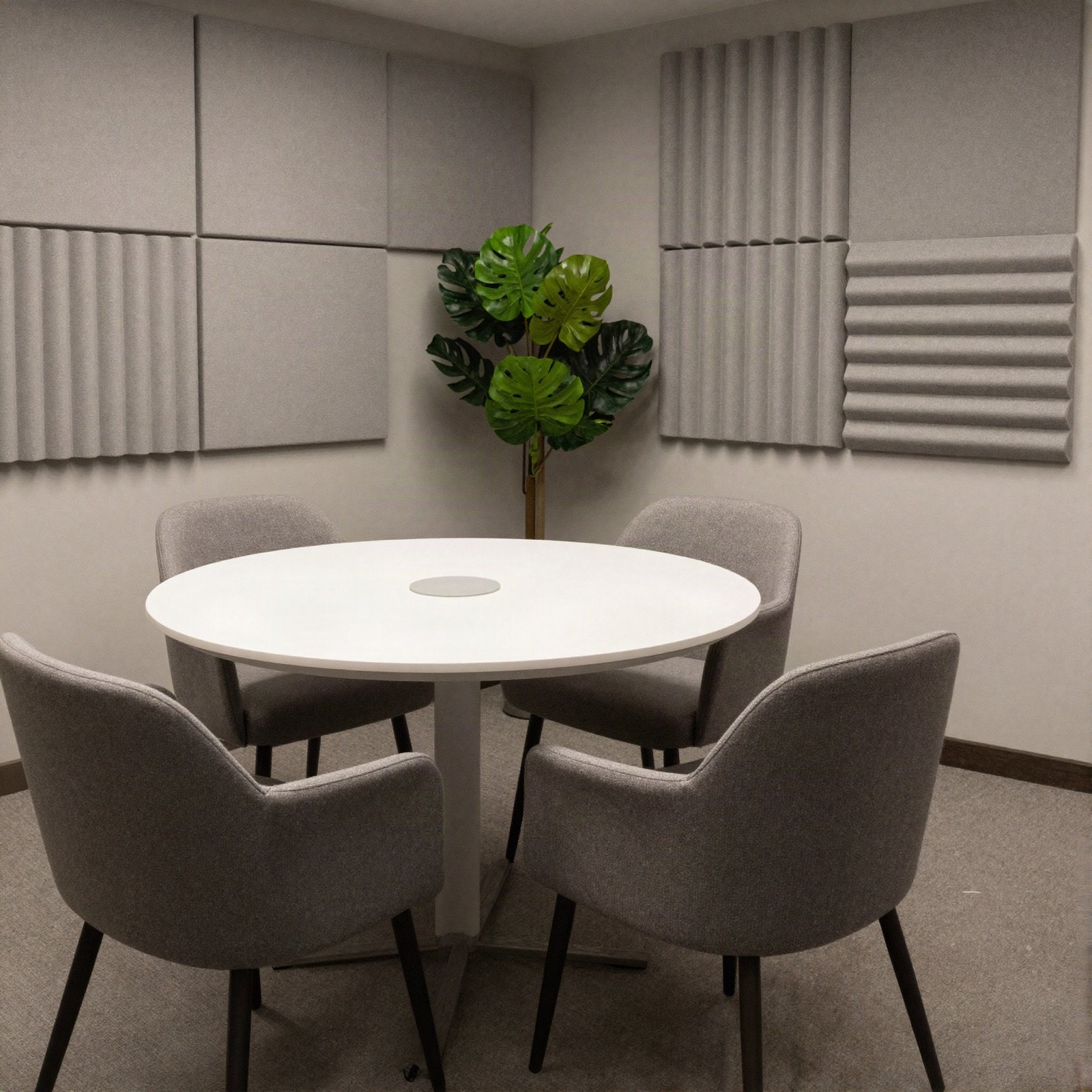 A small meeting room with a round table and acoustic panels