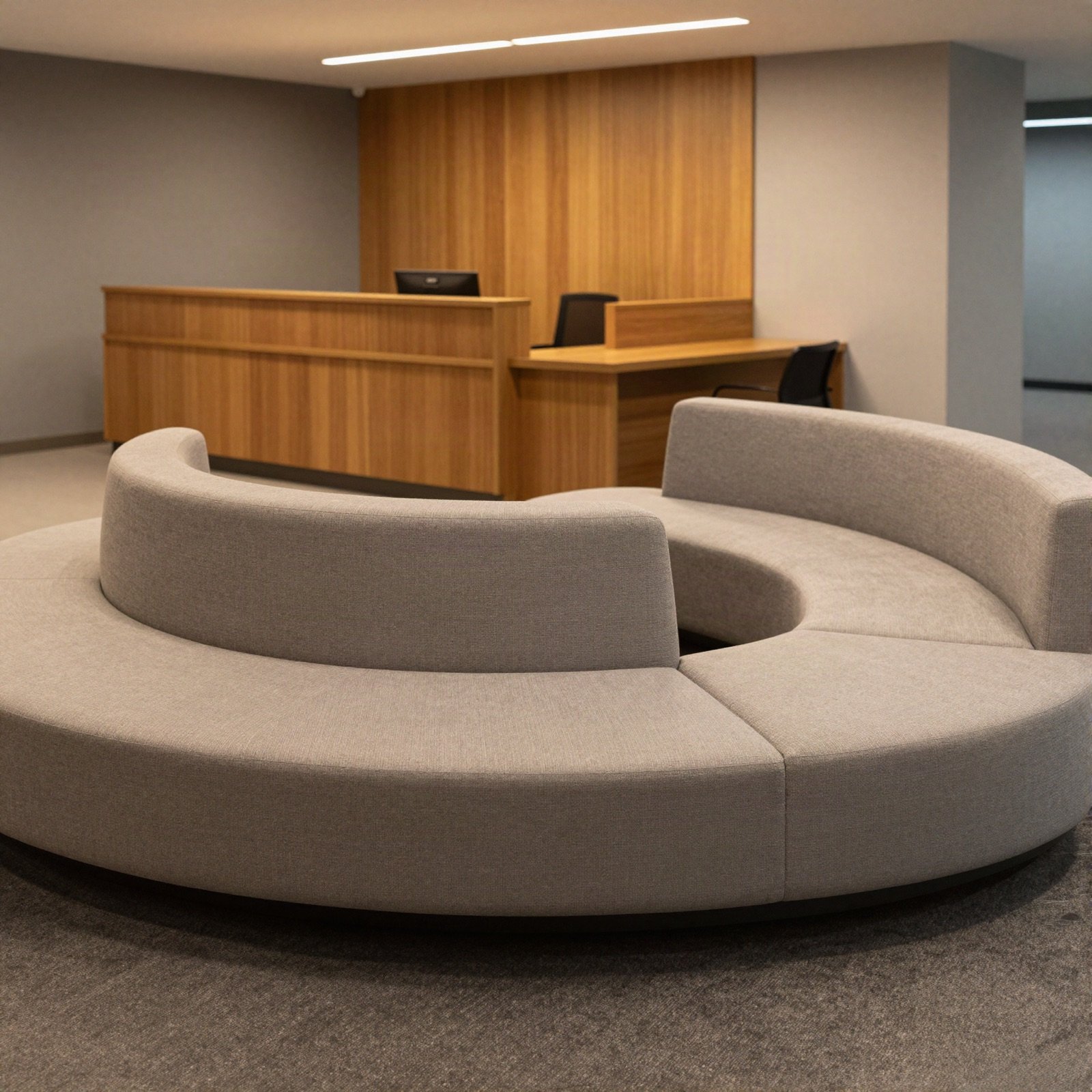 An office reception with a curved sofa and wooden desk