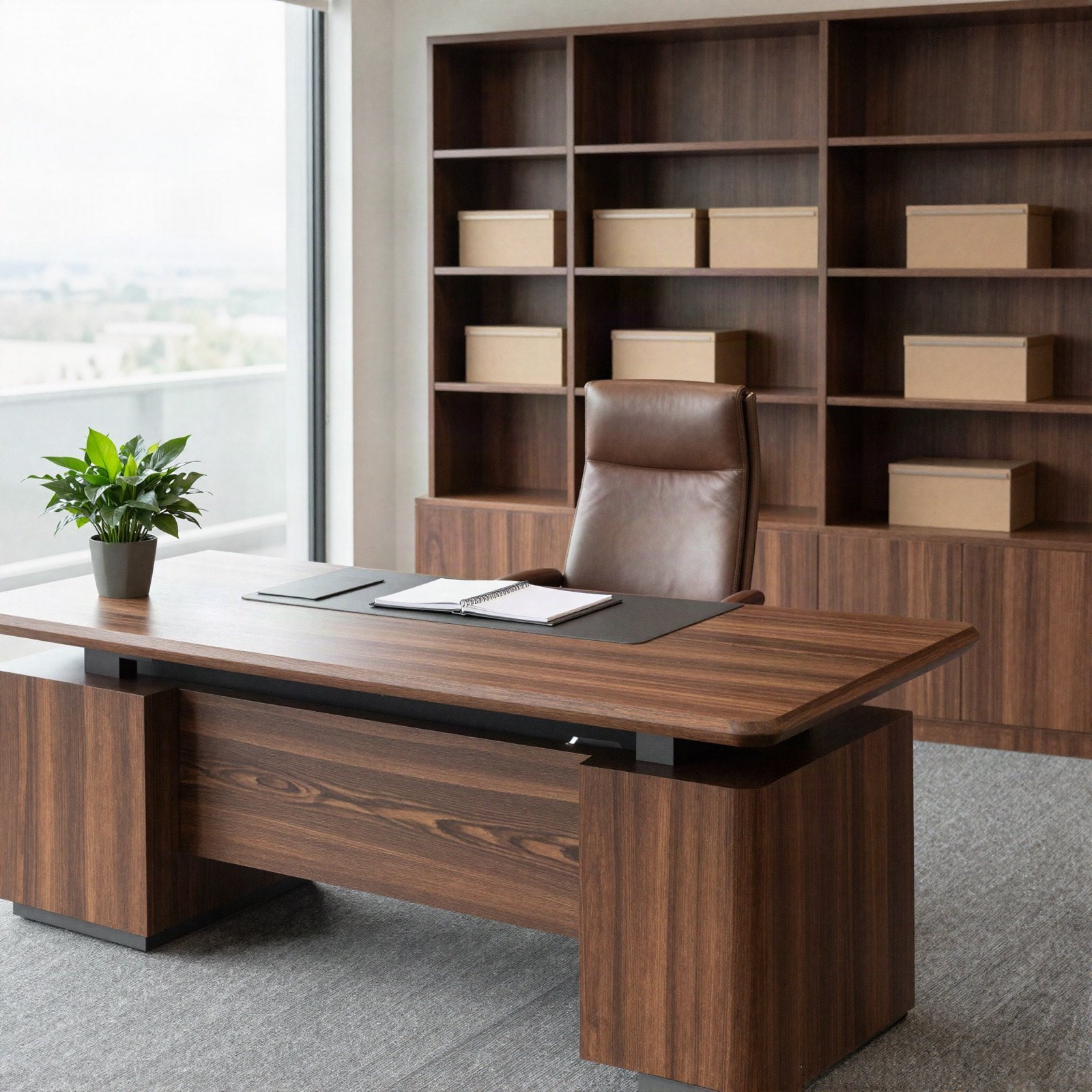 An executive office with a walnut desk and bookshelves