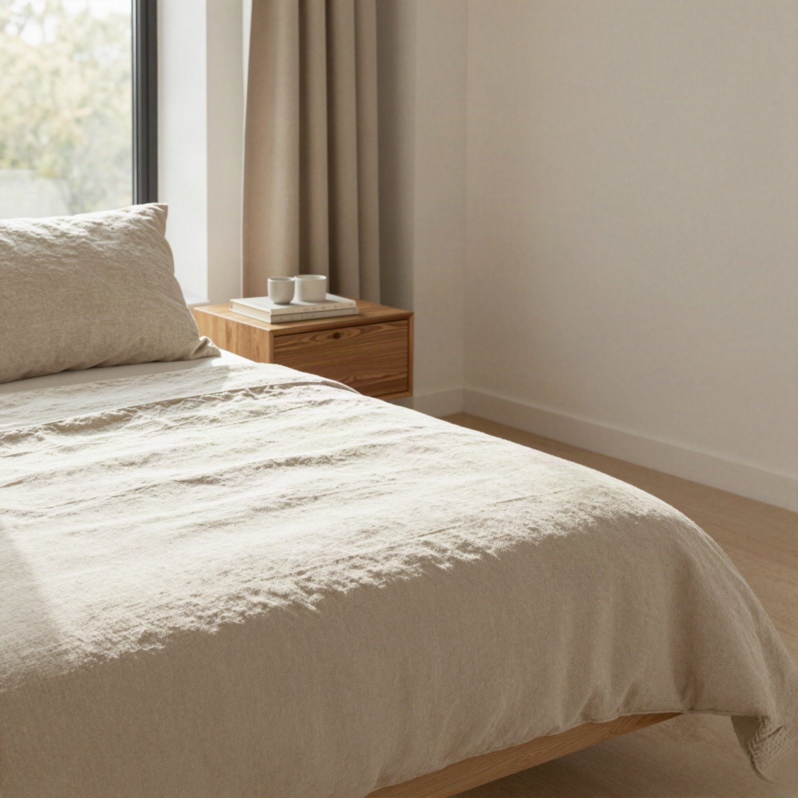 A serene bedroom in linen and oak tones
