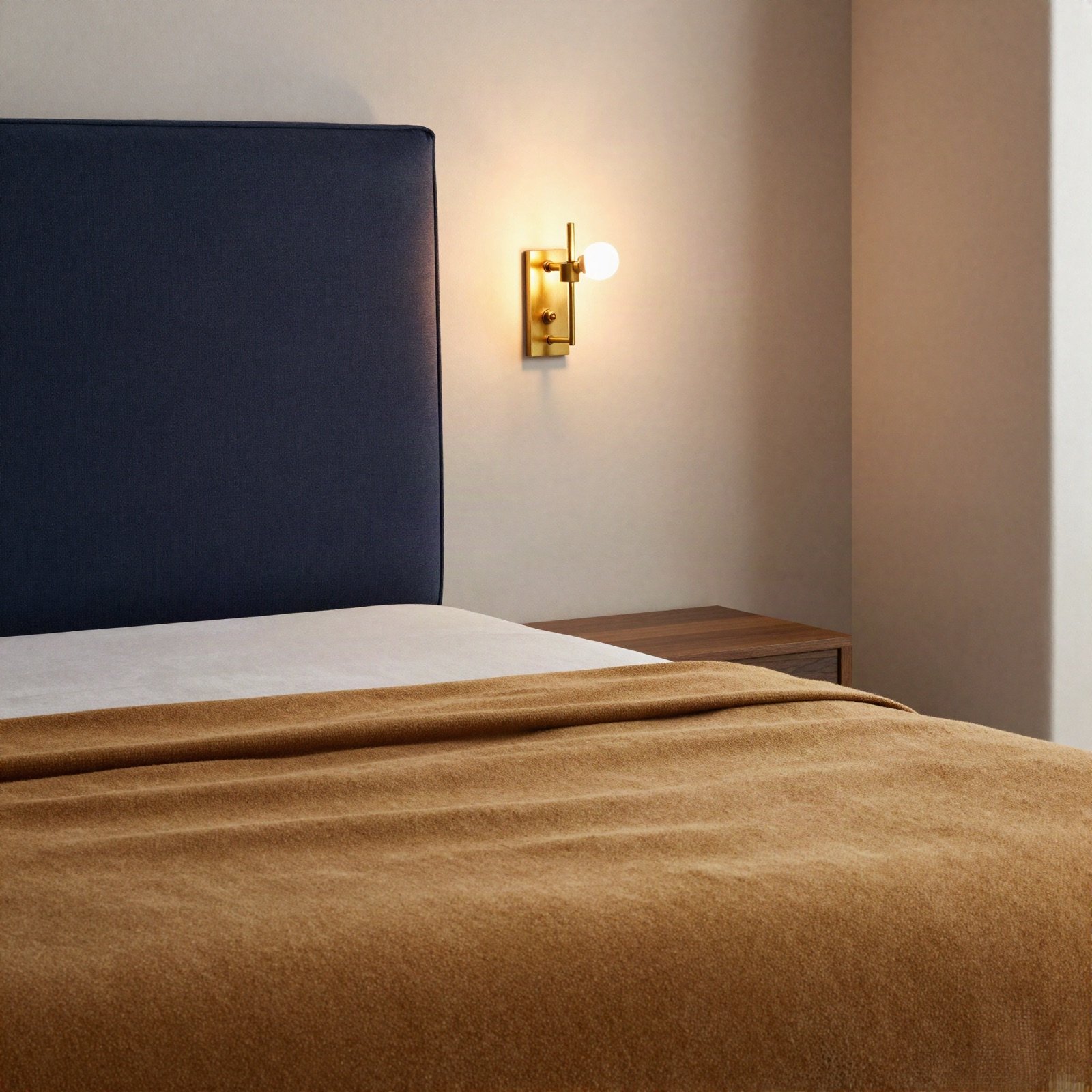 A bedroom with a navy headboard and brass wall lamp
