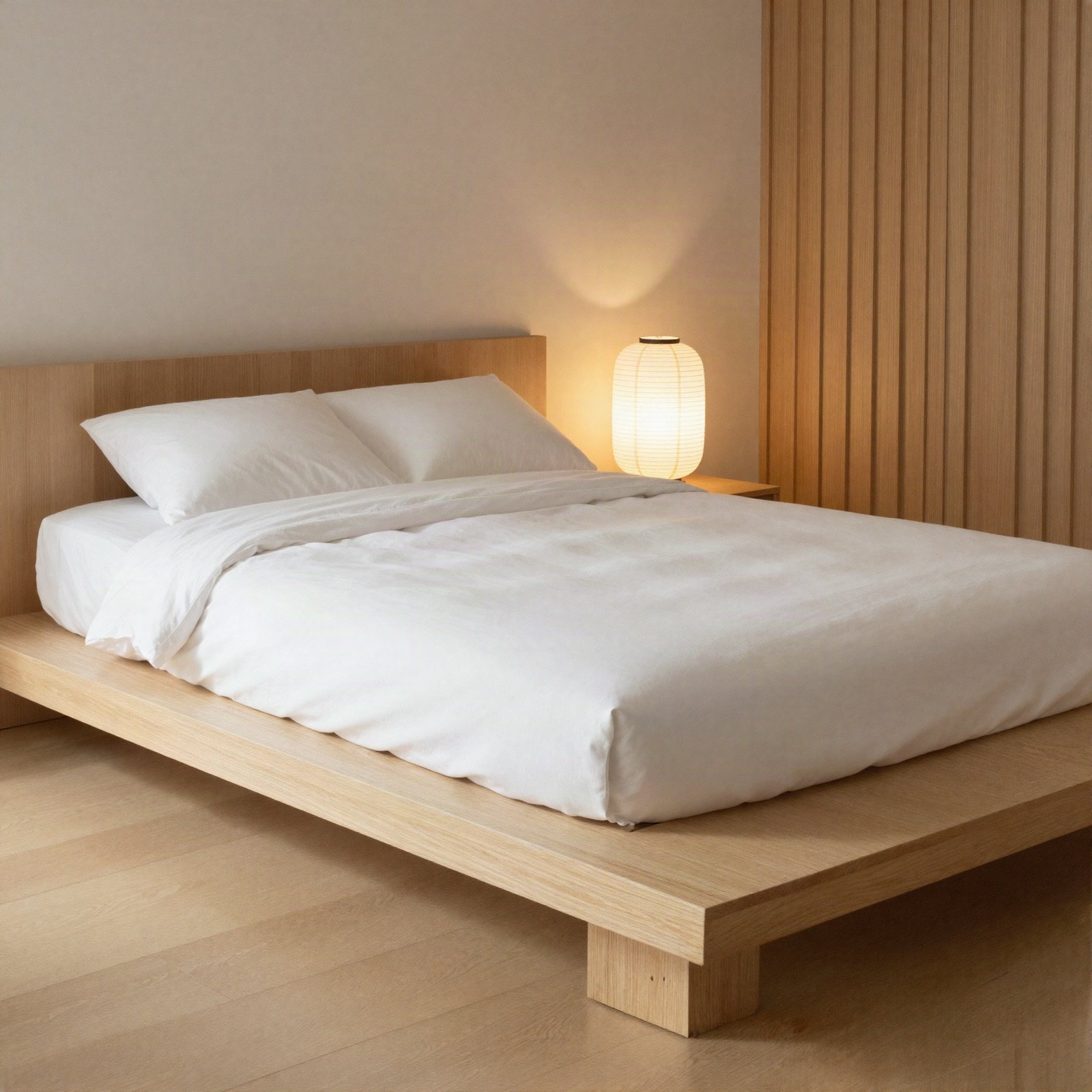 A minimalist platform bed with a paper lantern