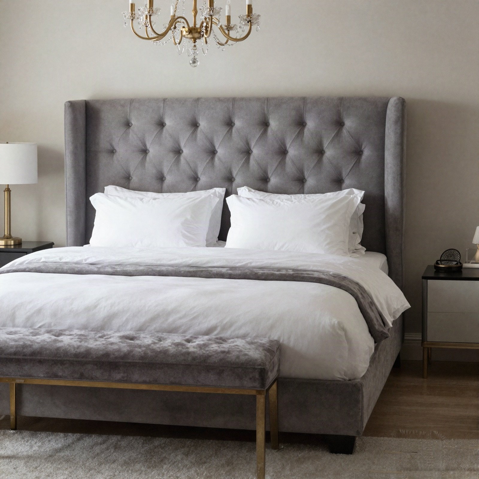 A master bedroom with a grey tufted headboard and chandelier