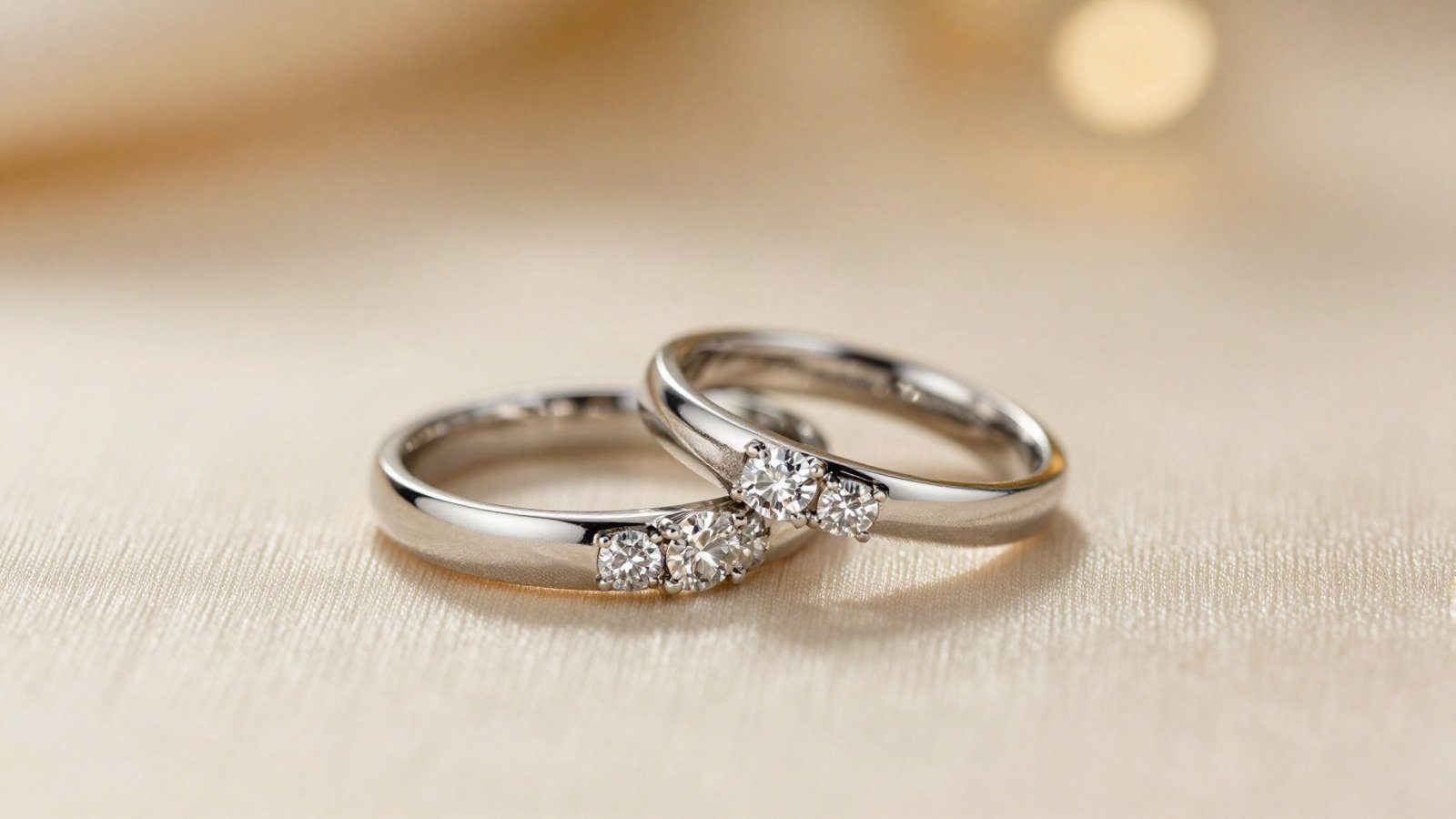 Pair of silver diamond couple rings on cream silk