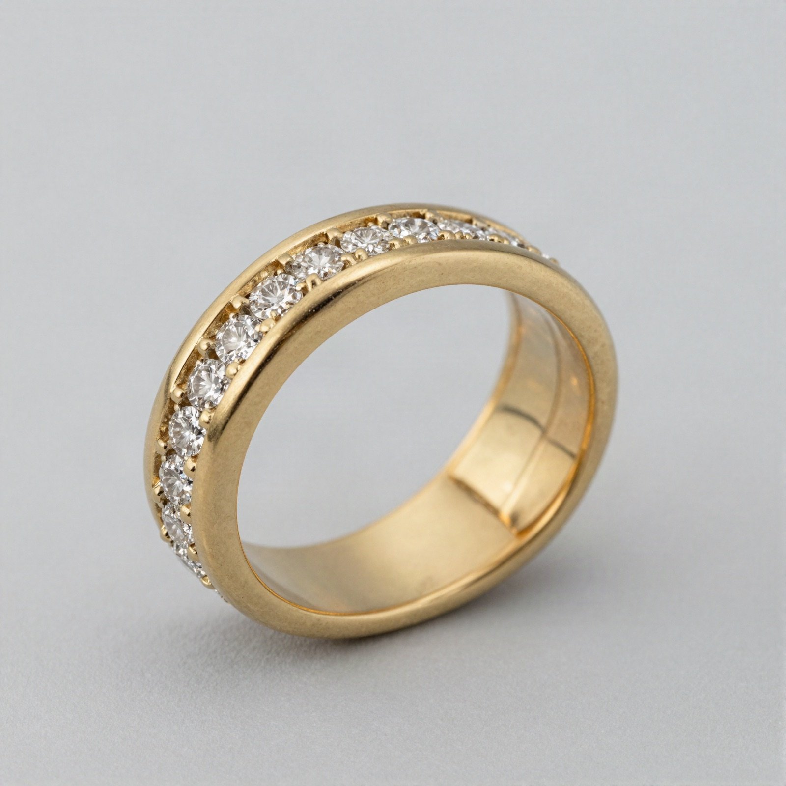 Bold gold ring set with a row of diamonds