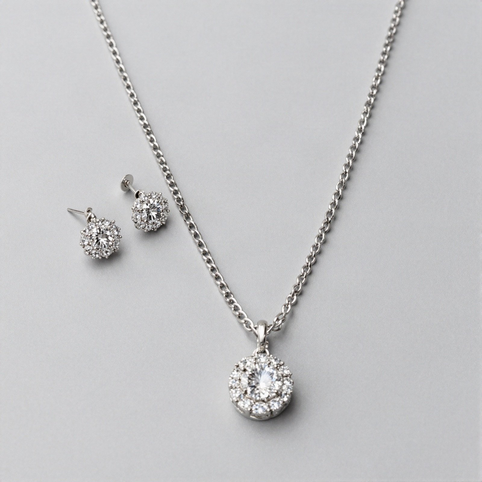 Silver diamond pendant necklace with matching earrings