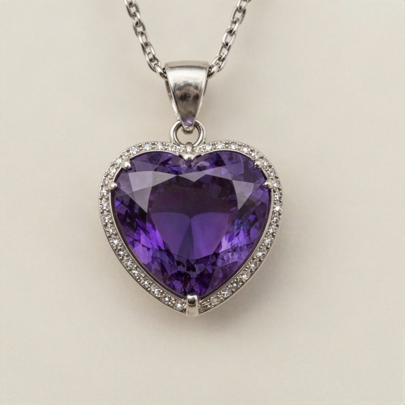 Purple heart-cut pendant framed in silver with tiny crystals