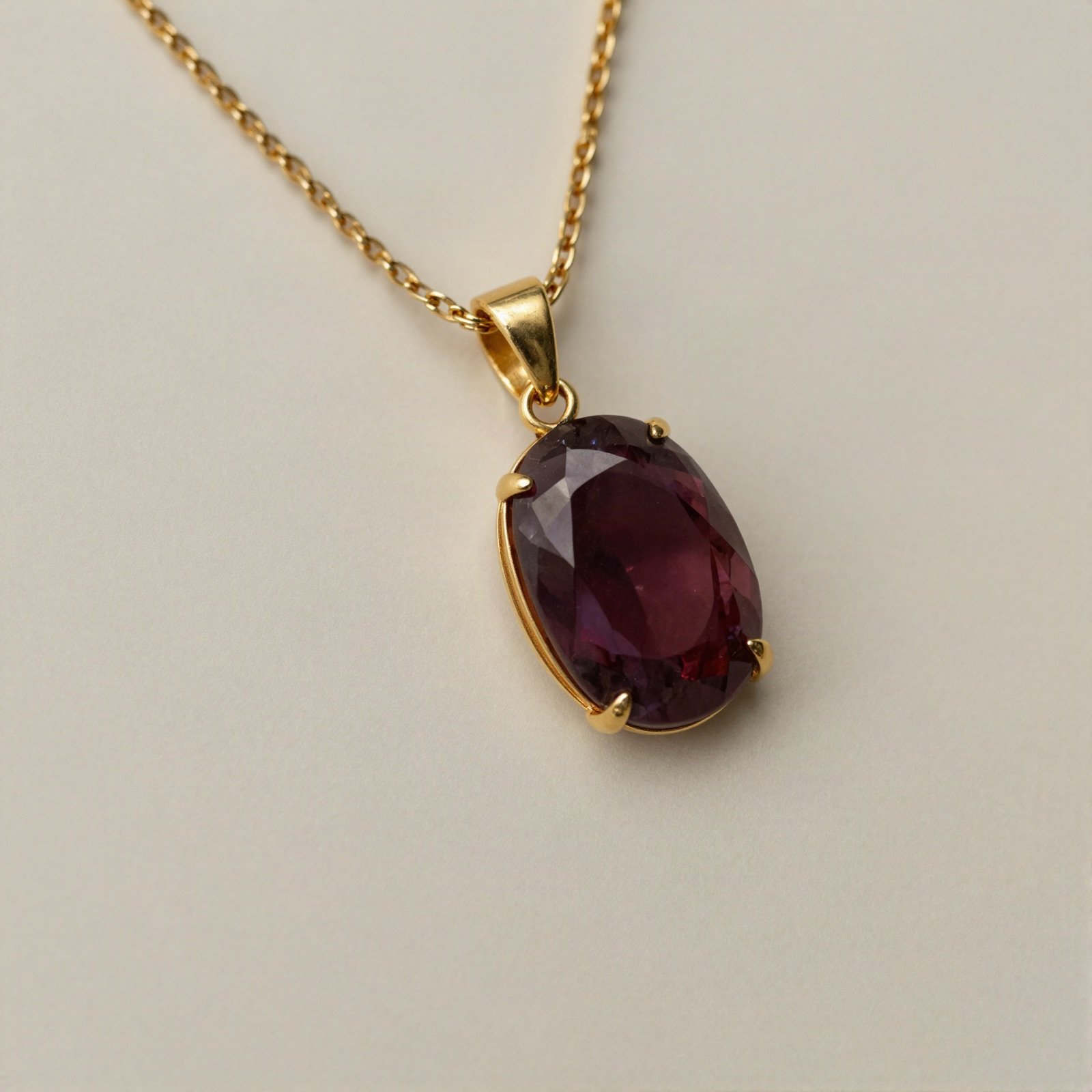Oval maroon stone pendant in a gold setting on a gold chain