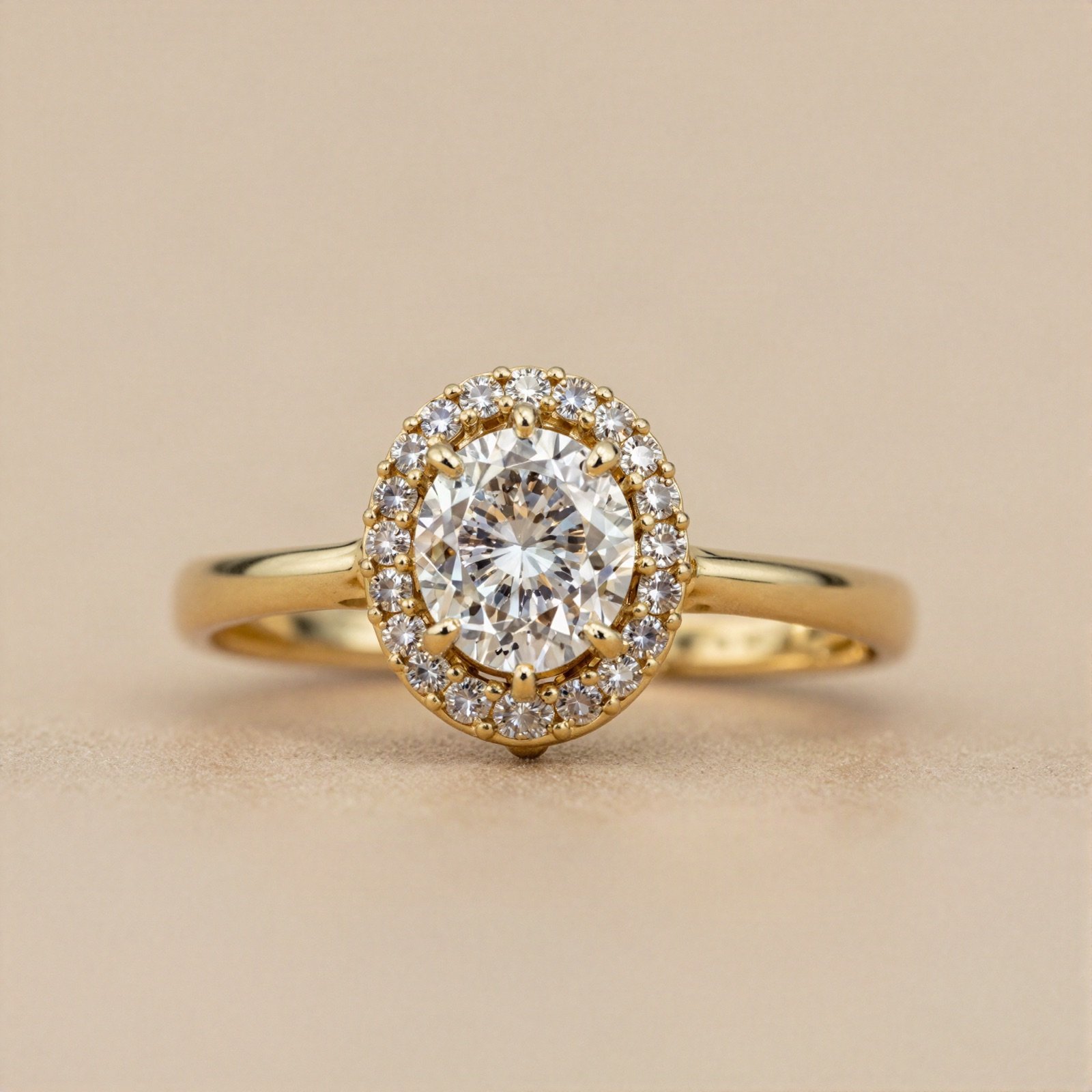 Yellow gold halo ring with a round centre stone