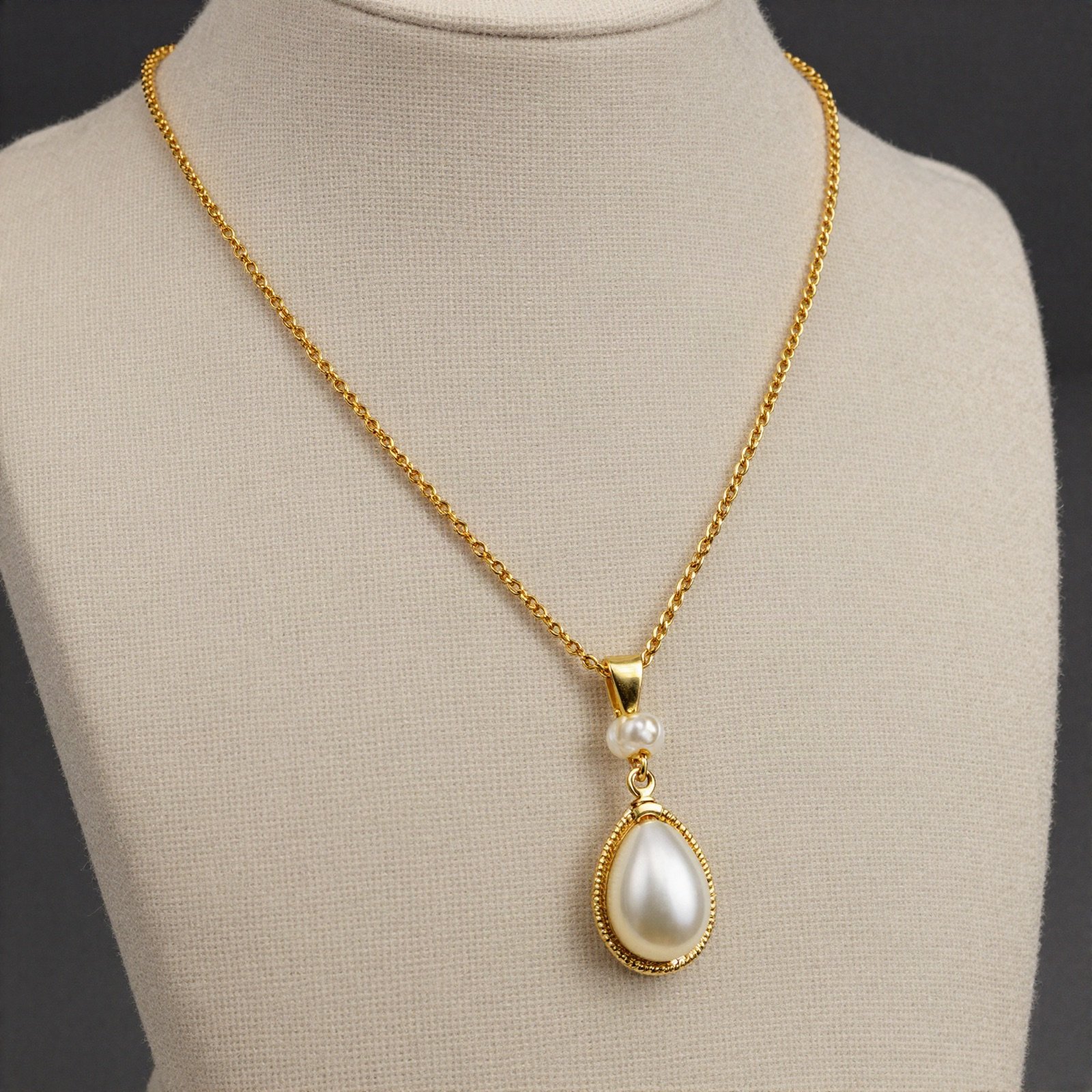 Gold chain necklace with a pearl drop pendant on a display bust