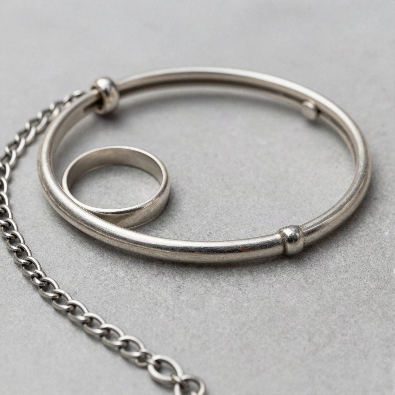 Sterling silver bangle, ring and chain on grey stone