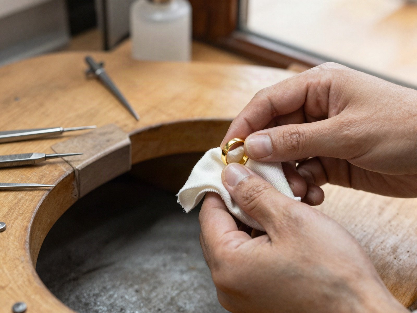 Jeweller polishing a gold ring with a soft cloth at a wooden workbench