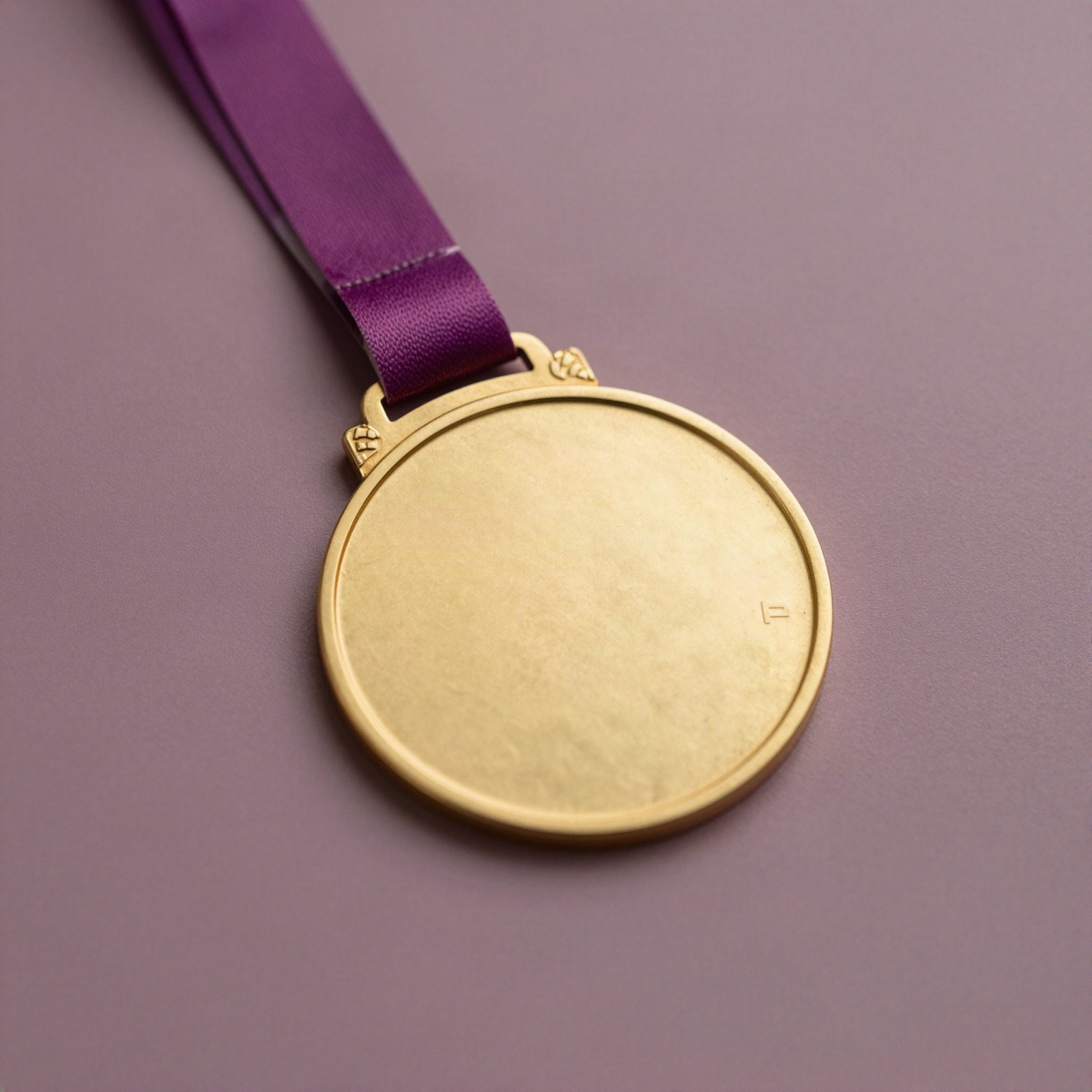 A gold medal on a purple ribbon