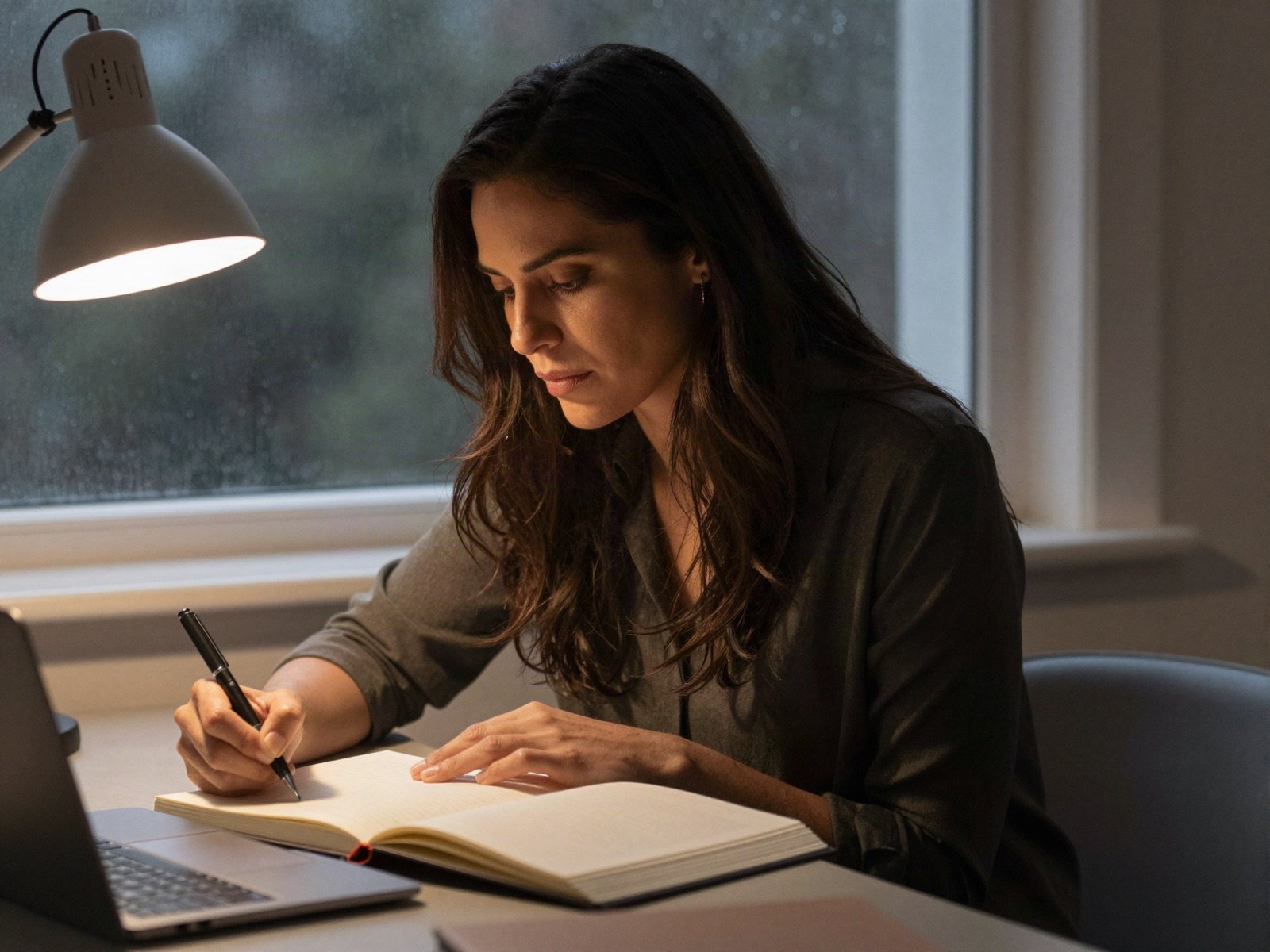 The author writing in a notebook by a rainy window