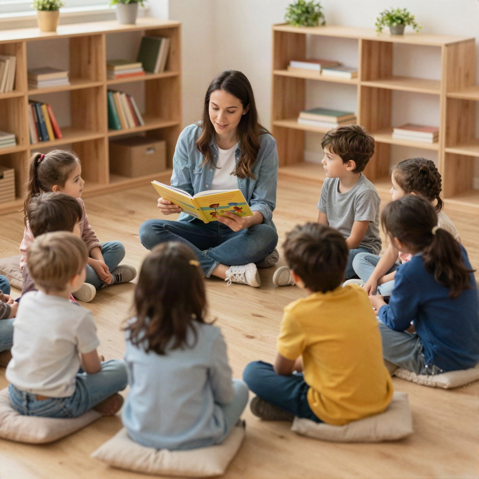 معلّمة تقرأ كتابًا مصوّرًا لأطفال يجلسون على وسائد أرضية